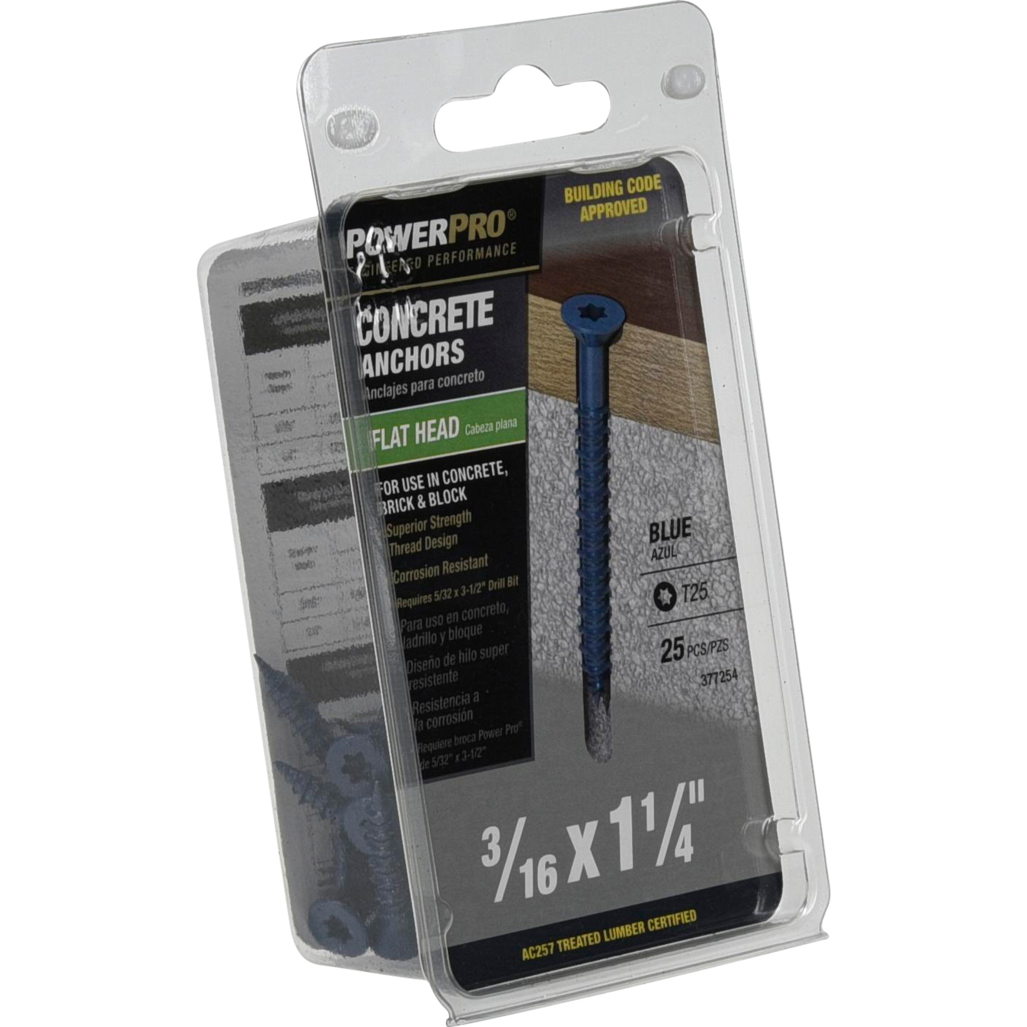 Power Pro Blue Flat-Head Concrete Screw Anchor (3/16 in. x 1-1/4 in.) - 25 pc