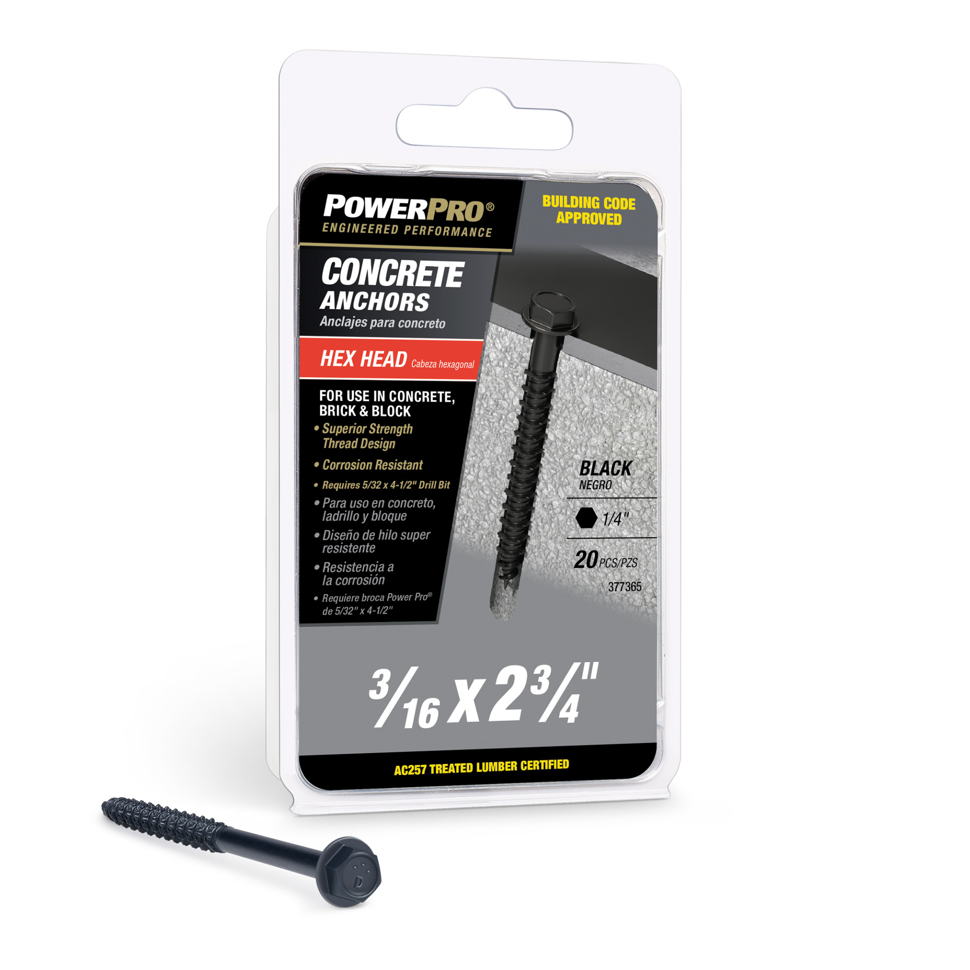 Power Pro Black Hex Washer-Head Concrete Screw Anchor (3/16 in. x 2-3/4 in.) - 20 pc