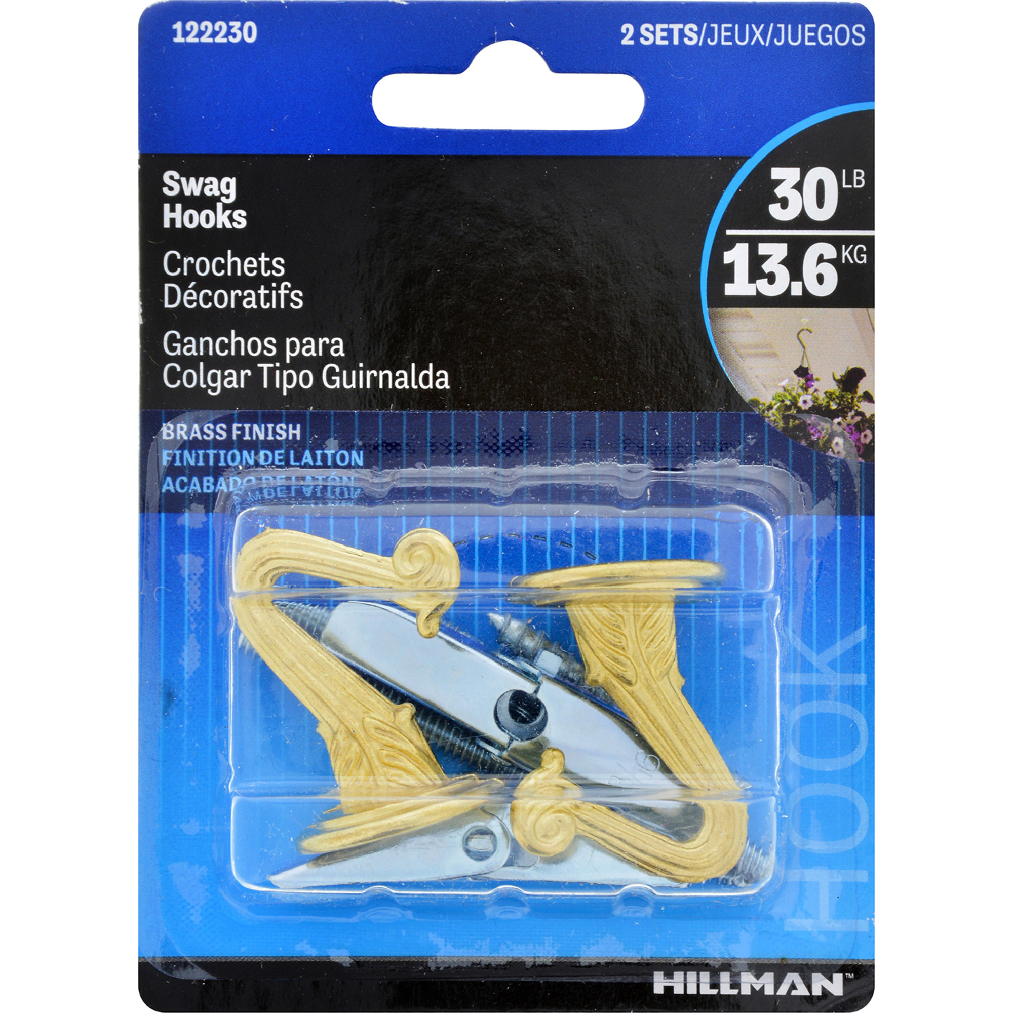 Hillman Swag Hooks Brass 30lb 2 Pack