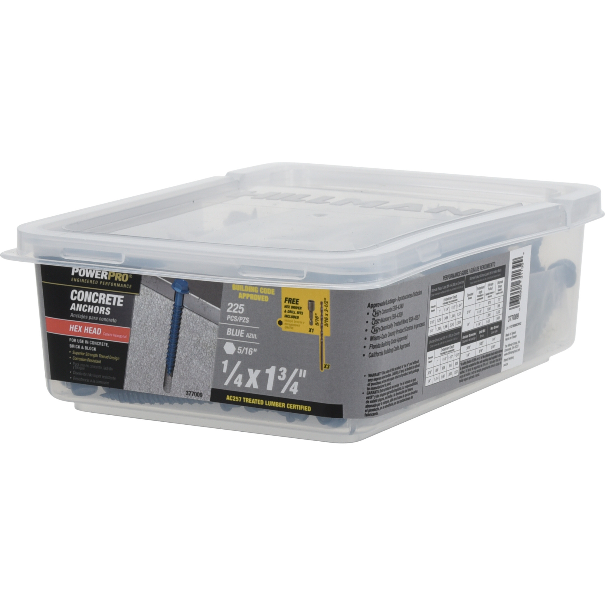 Power Pro Blue Hex Washer-Head Concrete Screw Anchor (1/4 in. x 1-3/4 in.) - 225 pc