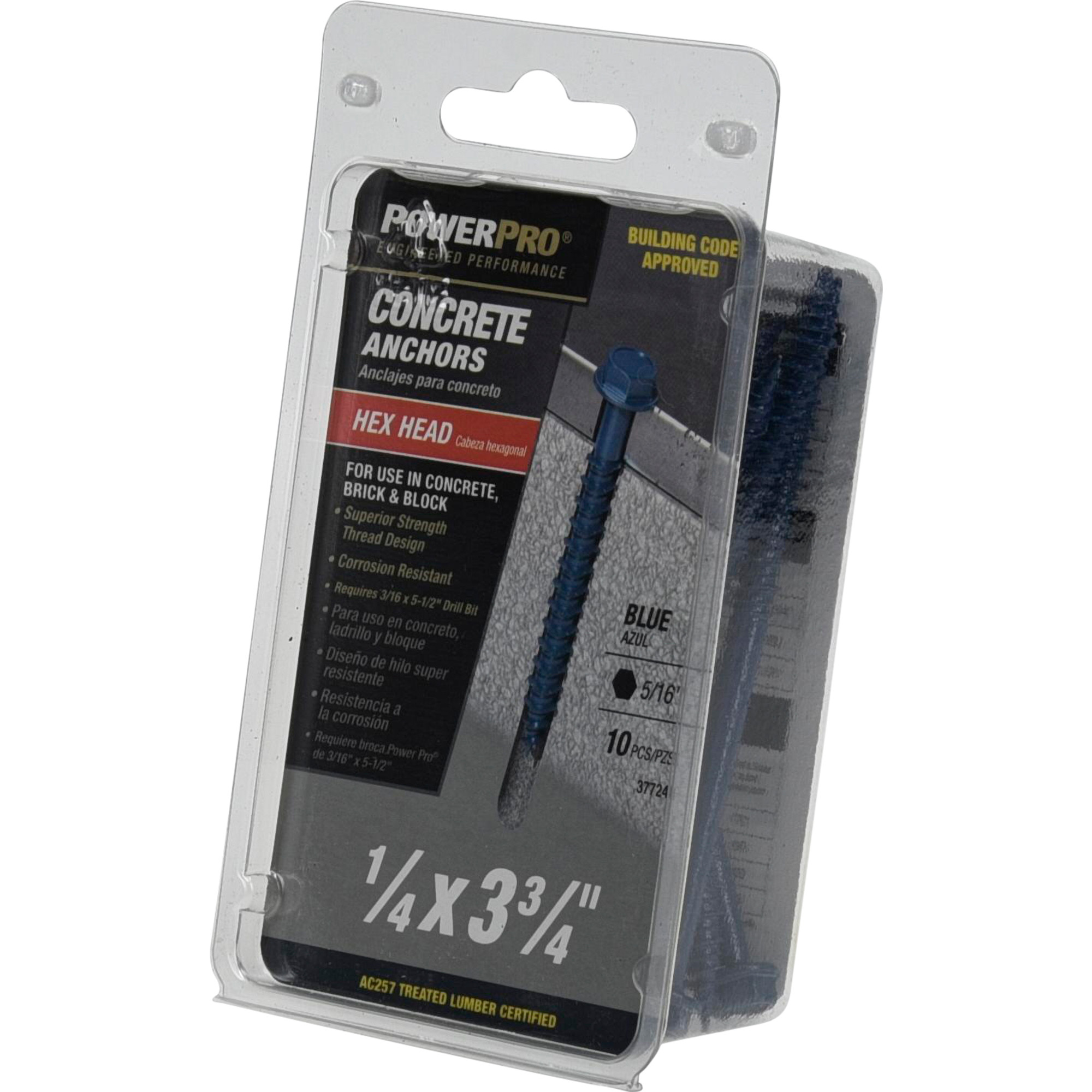 Power Pro Blue Hex Washer-Head Concrete Screw Anchor (1/4 in. x 3-3/4 in.) - 10 pc