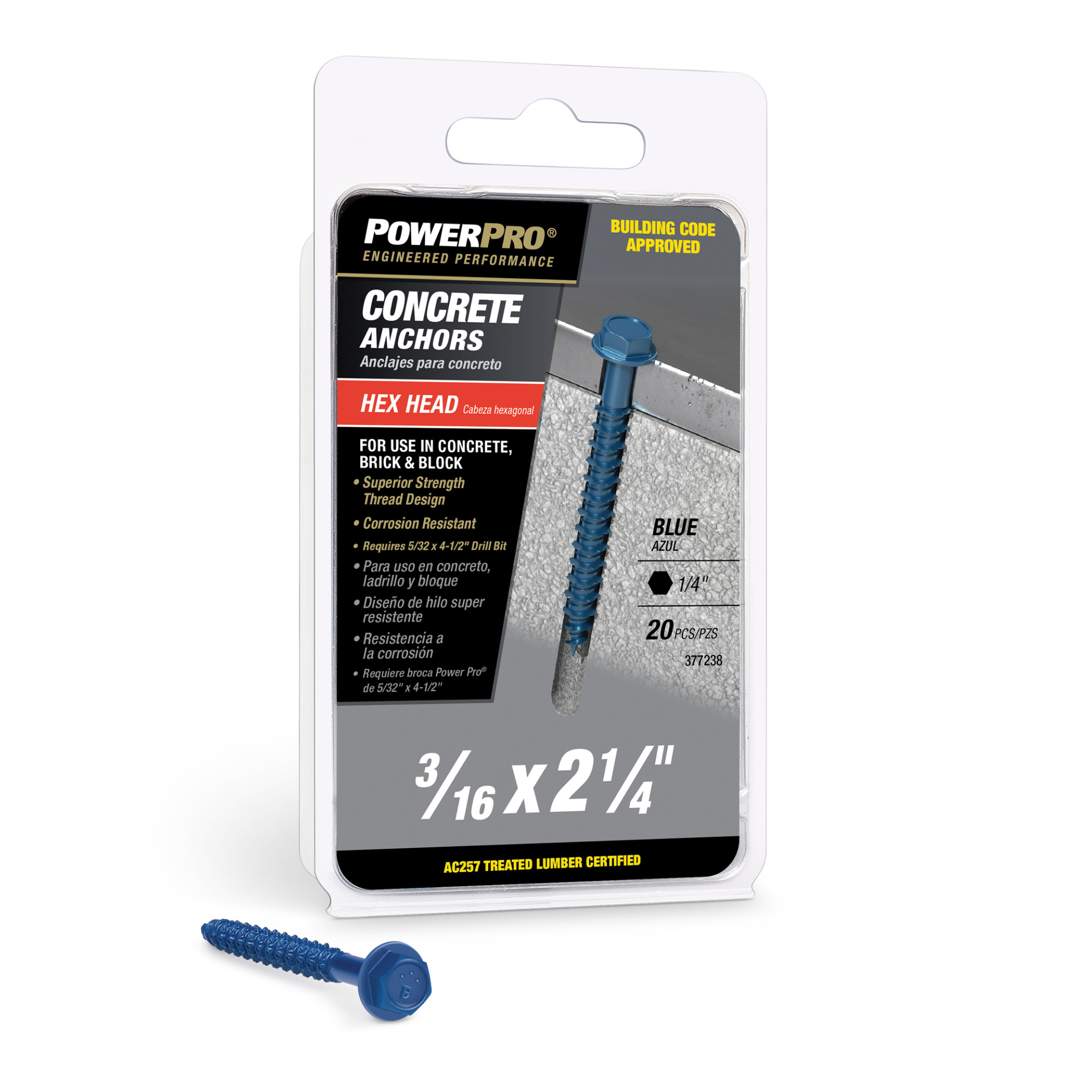 Power Pro Blue Hex Washer-Head Concrete Screw Anchor (3/16 in. x 2-1/4 in.) - 20 pc