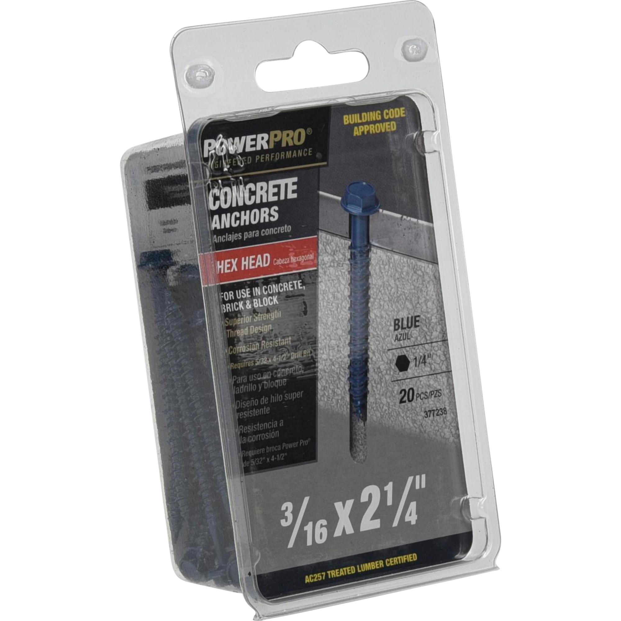 Power Pro Blue Hex Washer-Head Concrete Screw Anchor (3/16 in. x 2-1/4 in.) - 20 pc