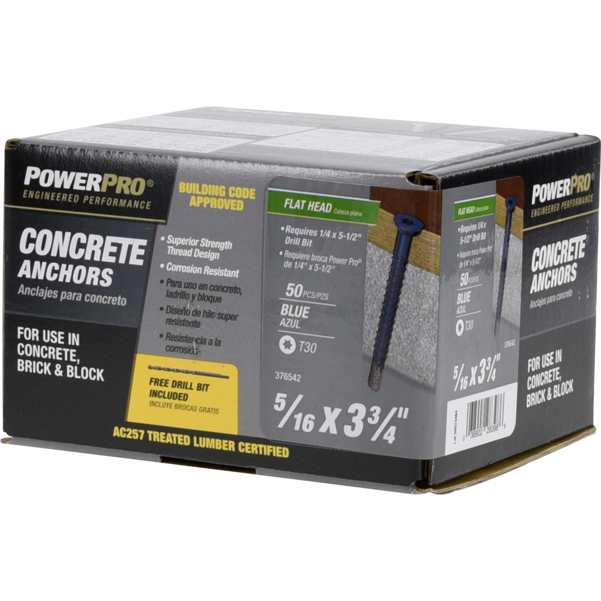 Power Pro Blue Flat-Head Concrete Screw Anchor (5/16 in. x 3-3/4 in.) - 50 pc