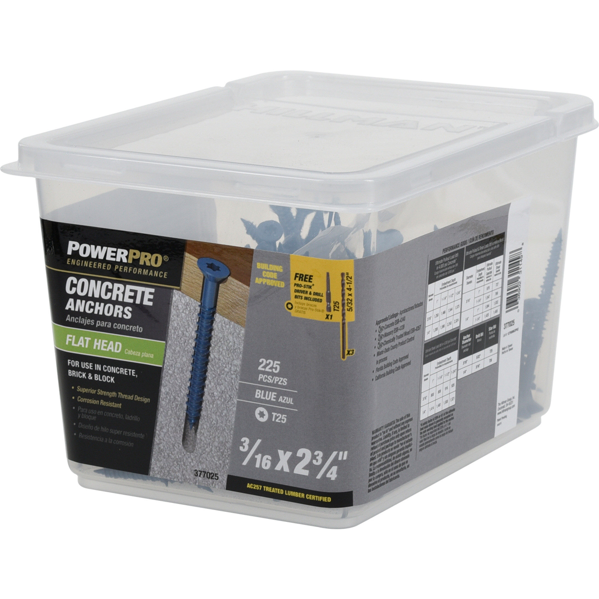 Power Pro Blue Flat-Head Concrete Screw Anchor (3/16 in. x 2-3/4 in.) - 225 pc