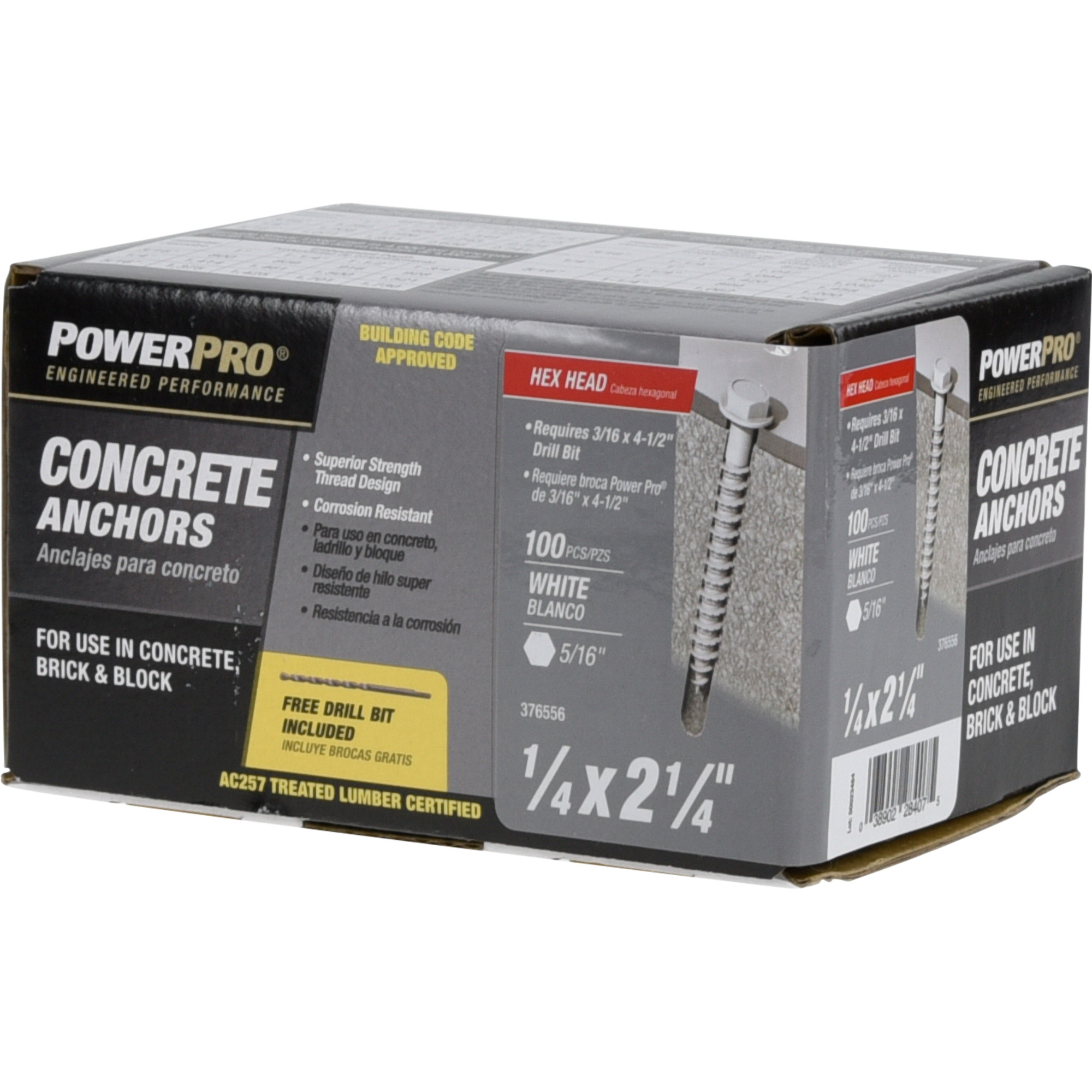 Power Pro White Hex Washer-Head Concrete Screw Anchor (1/4 in. x 2-1/4 in.) - 100 pc