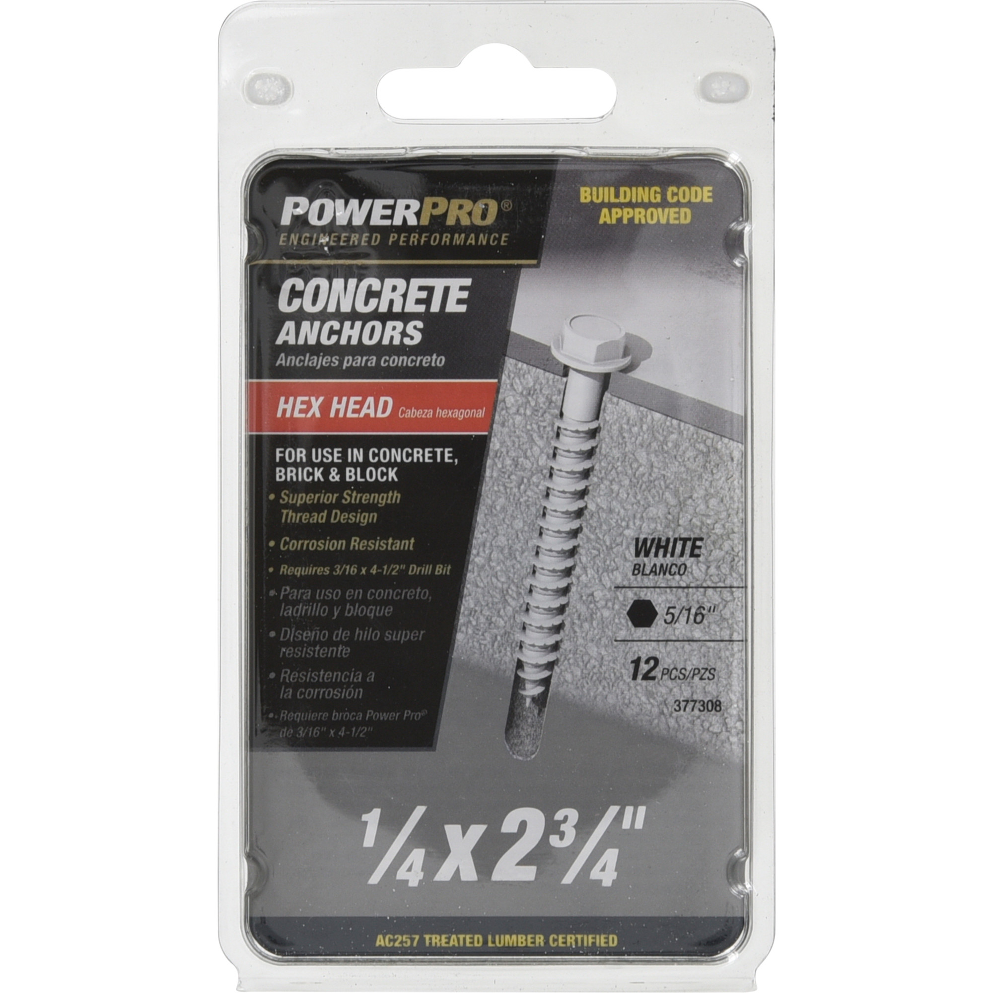 Power Pro White Hex Washer-Head Concrete Screw Anchor (1/4 in. x 2-3/4 in.) - 12 pc