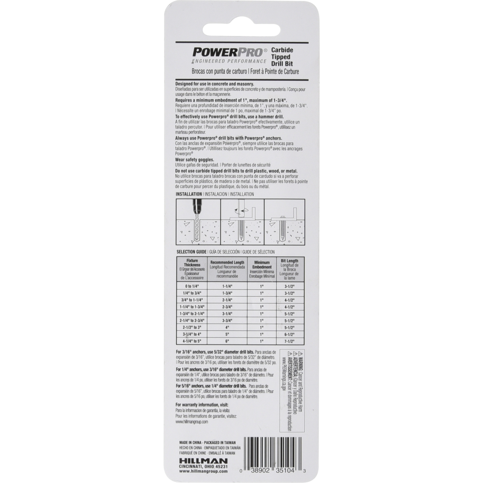 Power Pro Carbide Tip Drill Bit (3/16 in. x 4-1/2 in.) - 4 pc