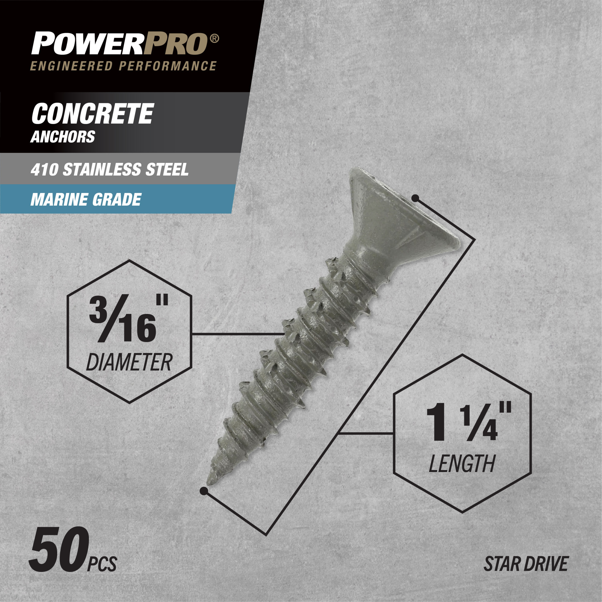 Power Pro 410 Stainless Flat Concrete Screw Anchor (3/16 in. x 1-1/4 in.) 100 pc