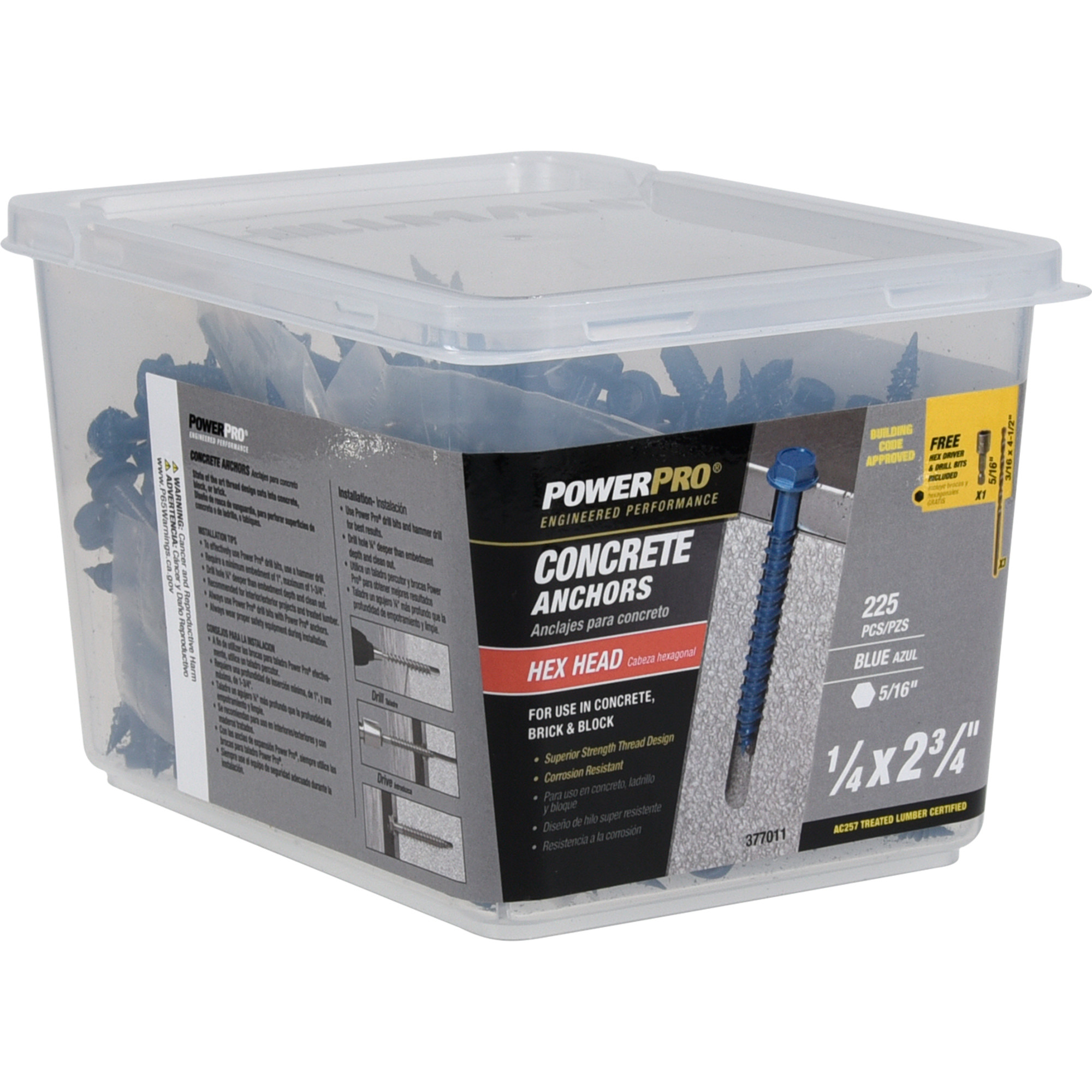 Power Pro Blue Hex Washer-Head Concrete Screw Anchor (1/4 in. x 2-3/4 in.) - 225 pc