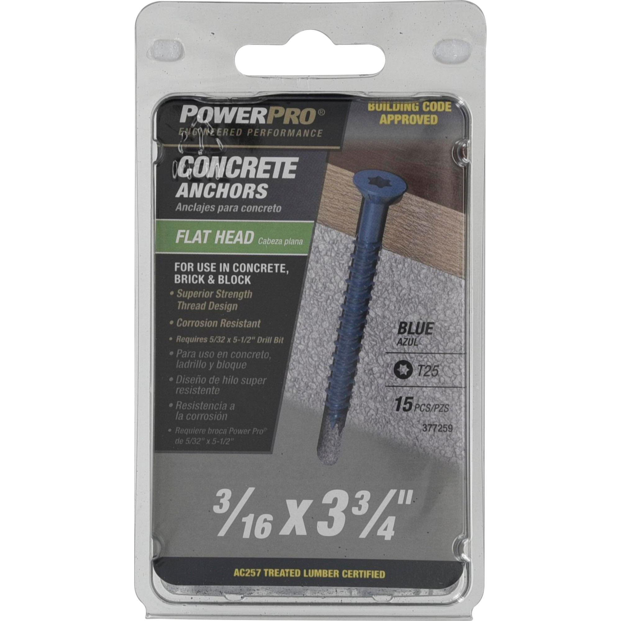 Power Pro Blue Flat-Head Concrete Screw Anchor (3/16 in. x 3-3/4 in.) - 15 pc