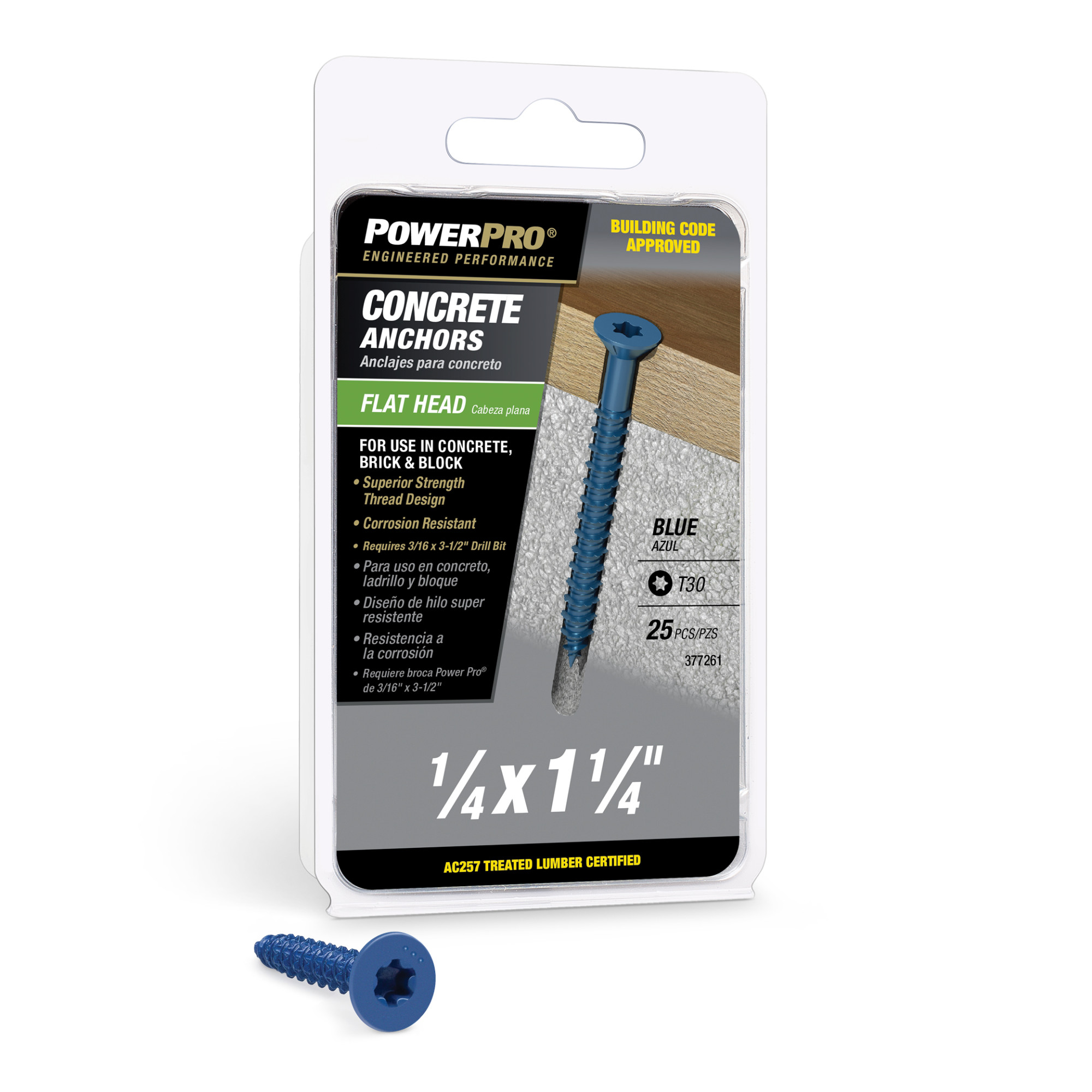 Power Pro Blue Flat-Head Concrete Screw Anchor (1/4 in. x 1-1/4 in.) - 25 pc