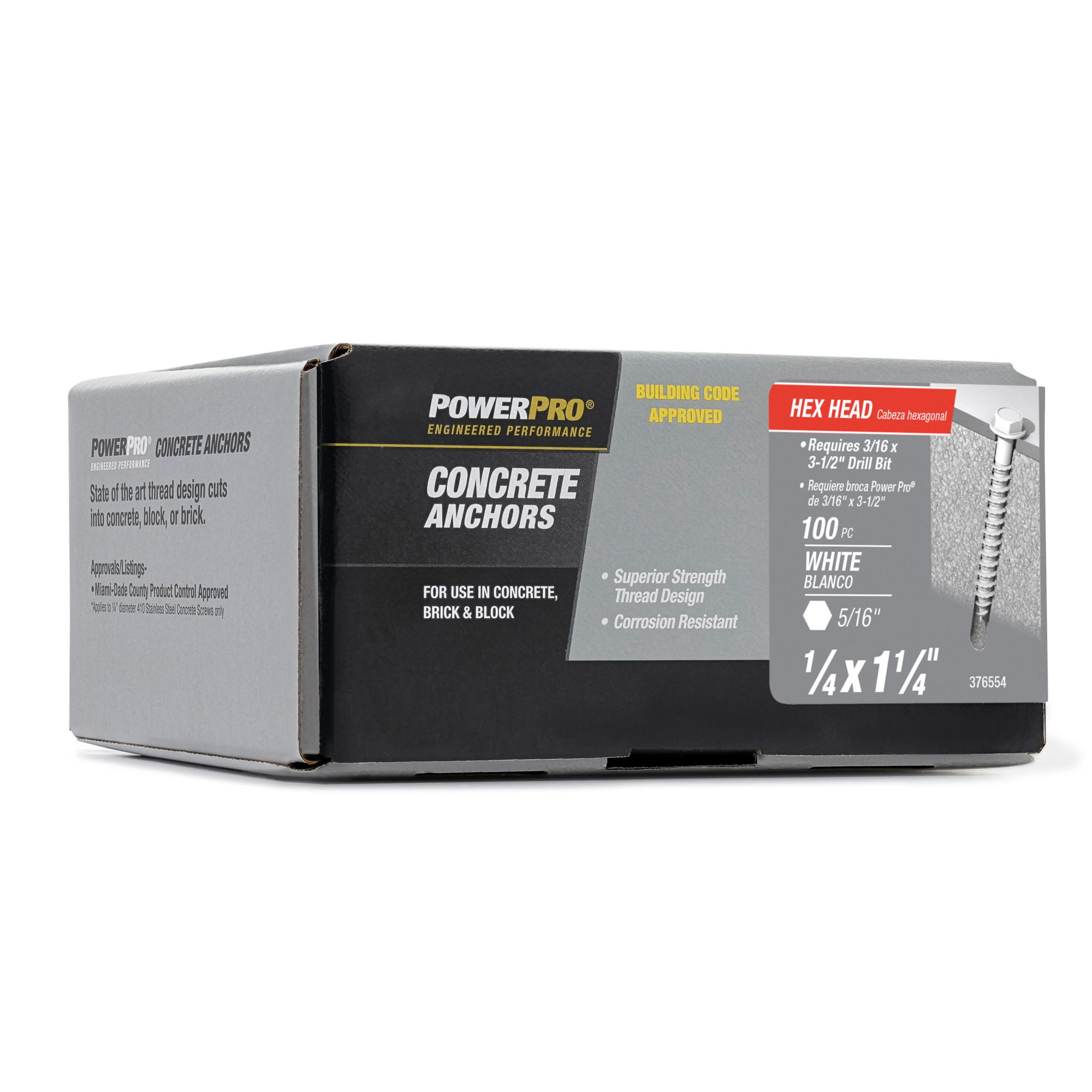 Power Pro White Hex Washer-Head Concrete Screw Anchor (1/4 in. x 1-1/4 in.) - 100 pc