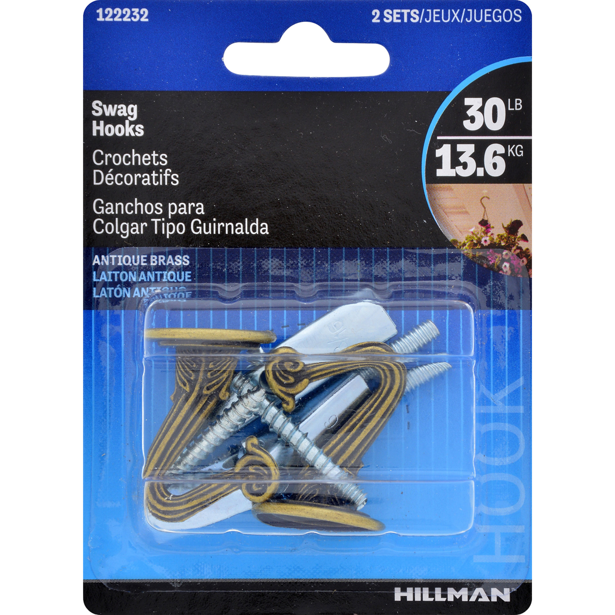 Hillman Swag Hooks Antique Brass 30lb 2 Pack