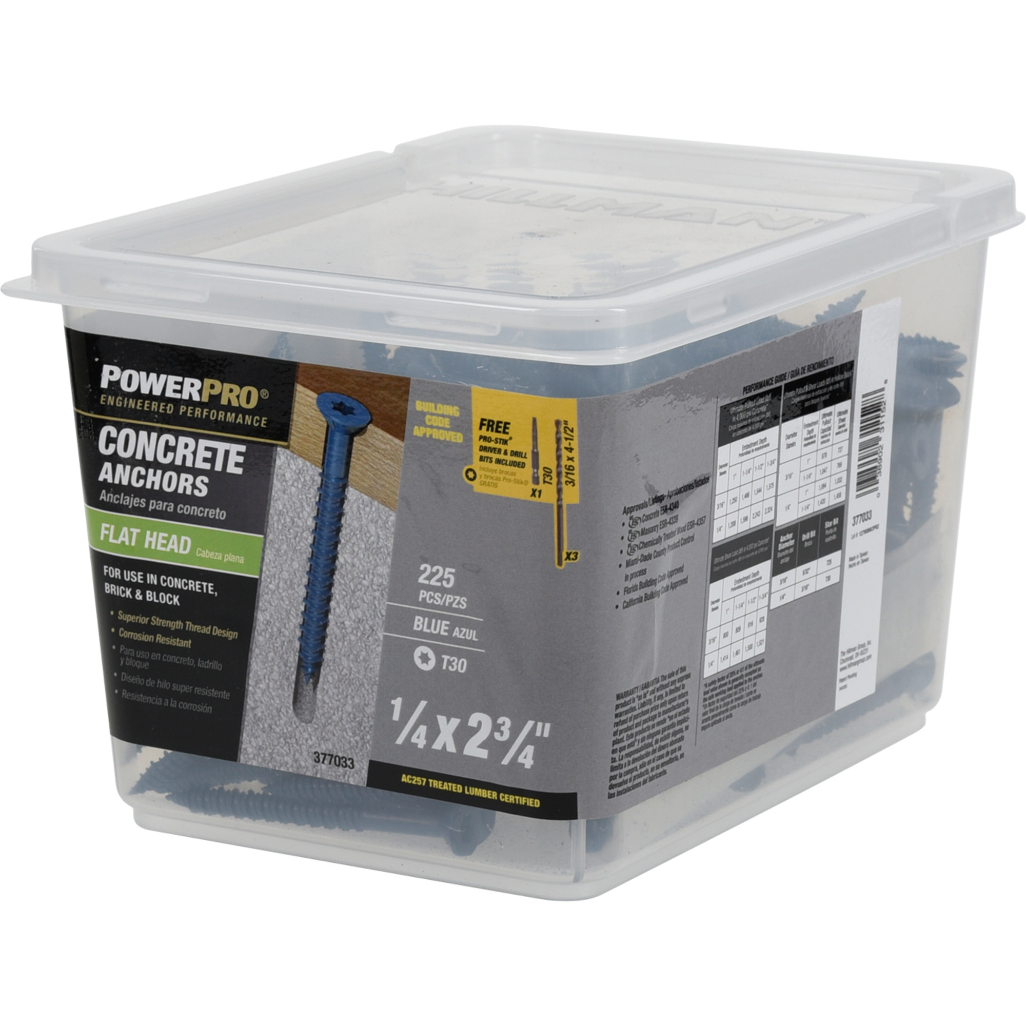 Power Pro Blue Flat-Head Concrete Screw Anchor (1/4 in. x 2-3/4 in.) - 225 pc