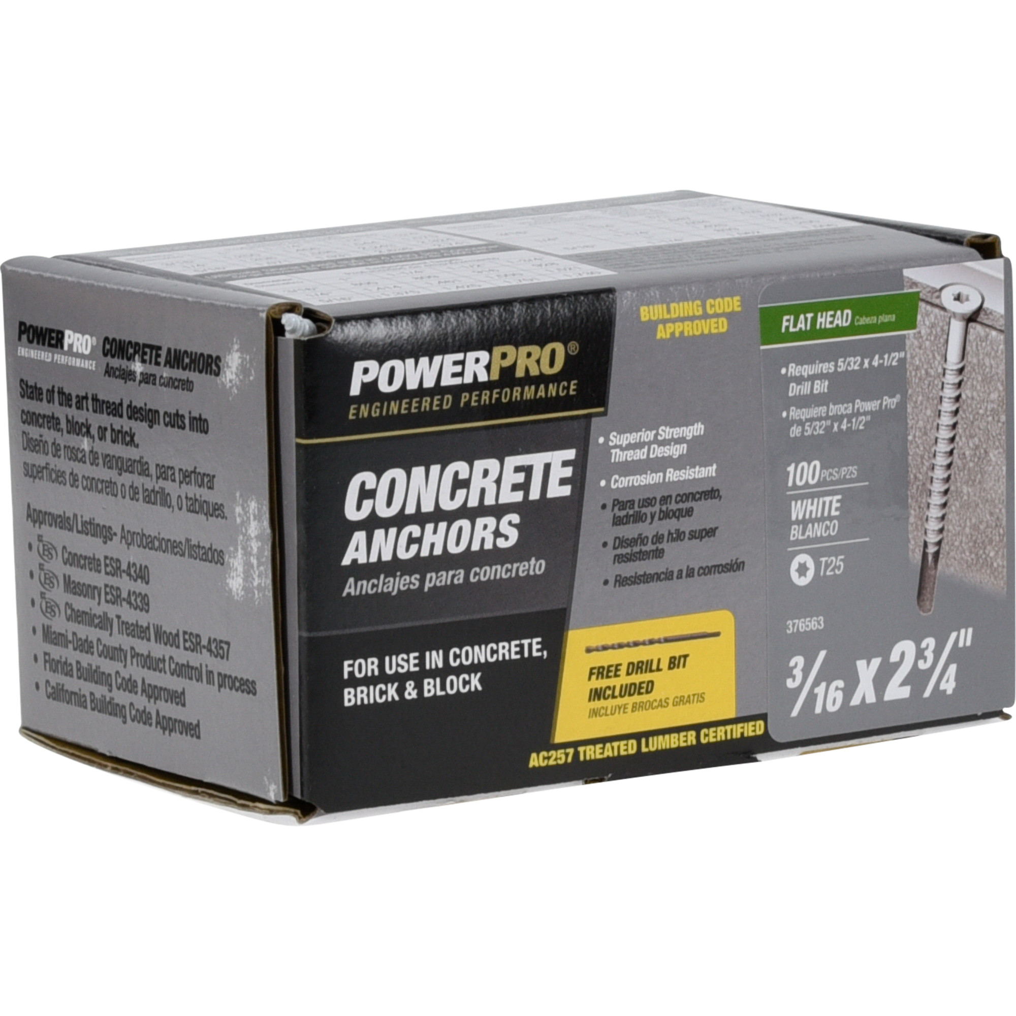 Power Pro White Flat-Head Concrete Screw Anchor (3/16 in. x 2-3/4 in.) - 100 pc