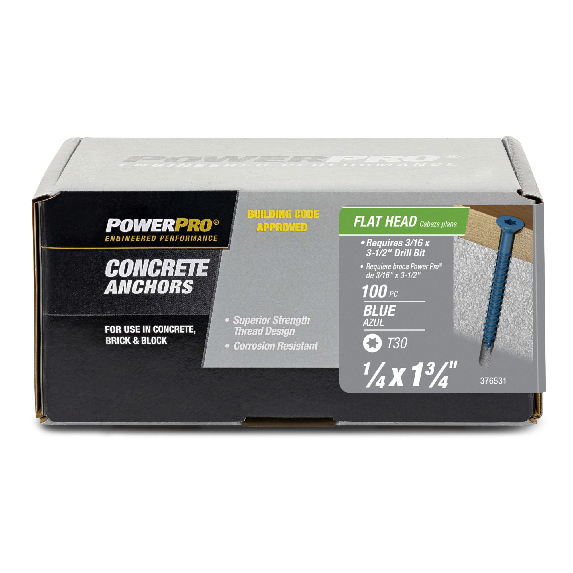 Power Pro Blue Flat-Head Concrete Screw Anchor (1/4 in. x 1-3/4 in.) - 100 pc