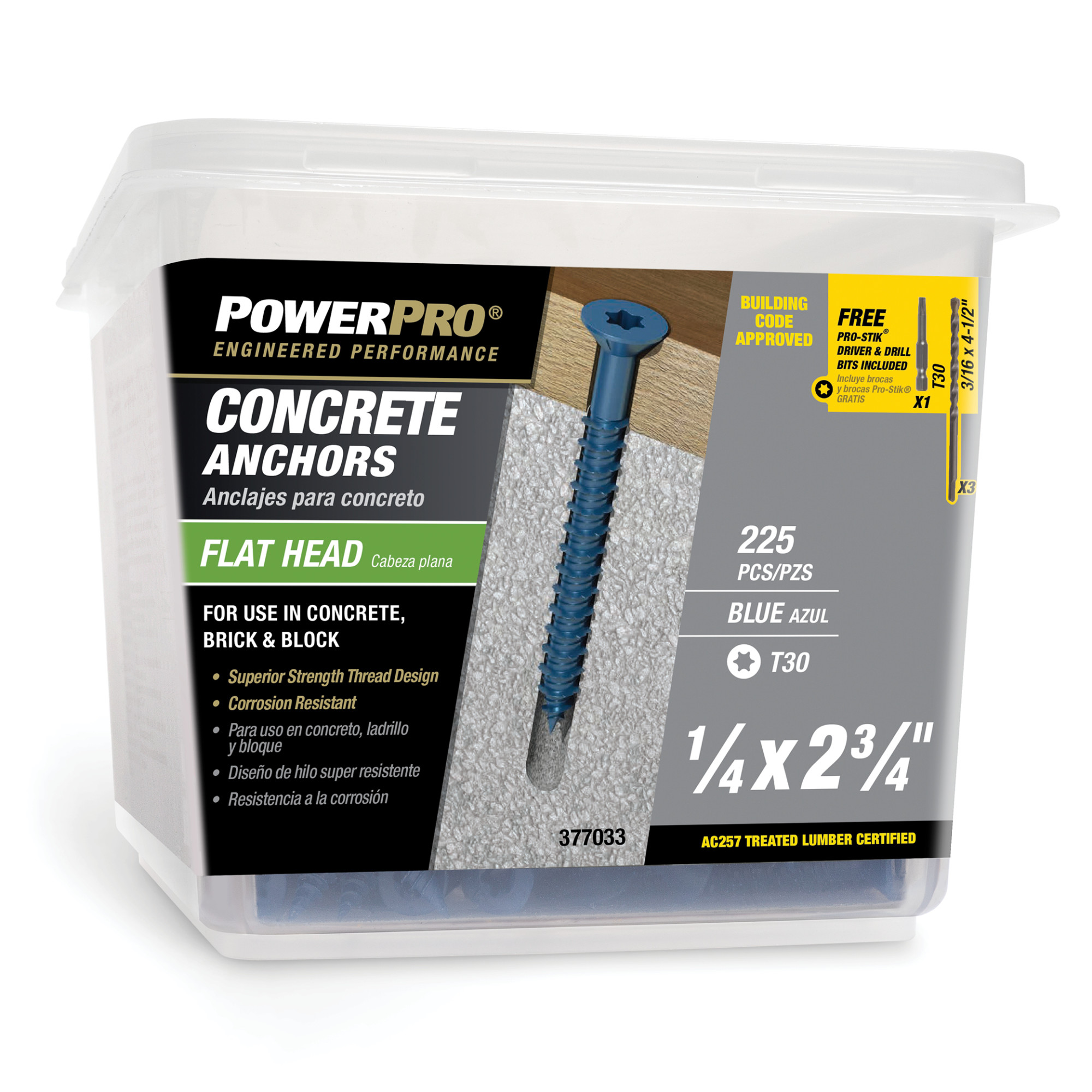 Power Pro Blue Flat-Head Concrete Screw Anchor (1/4 in. x 2-3/4 in.) - 225 pc