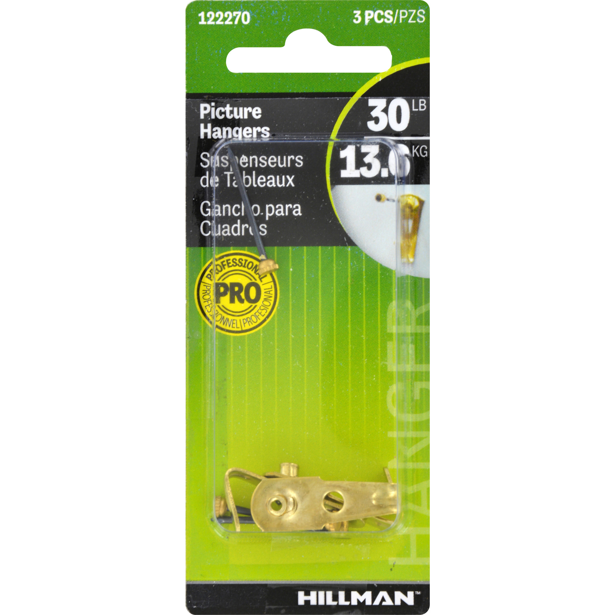 Hillman Professional Picture Hangers Brass 30lb 3 Pack