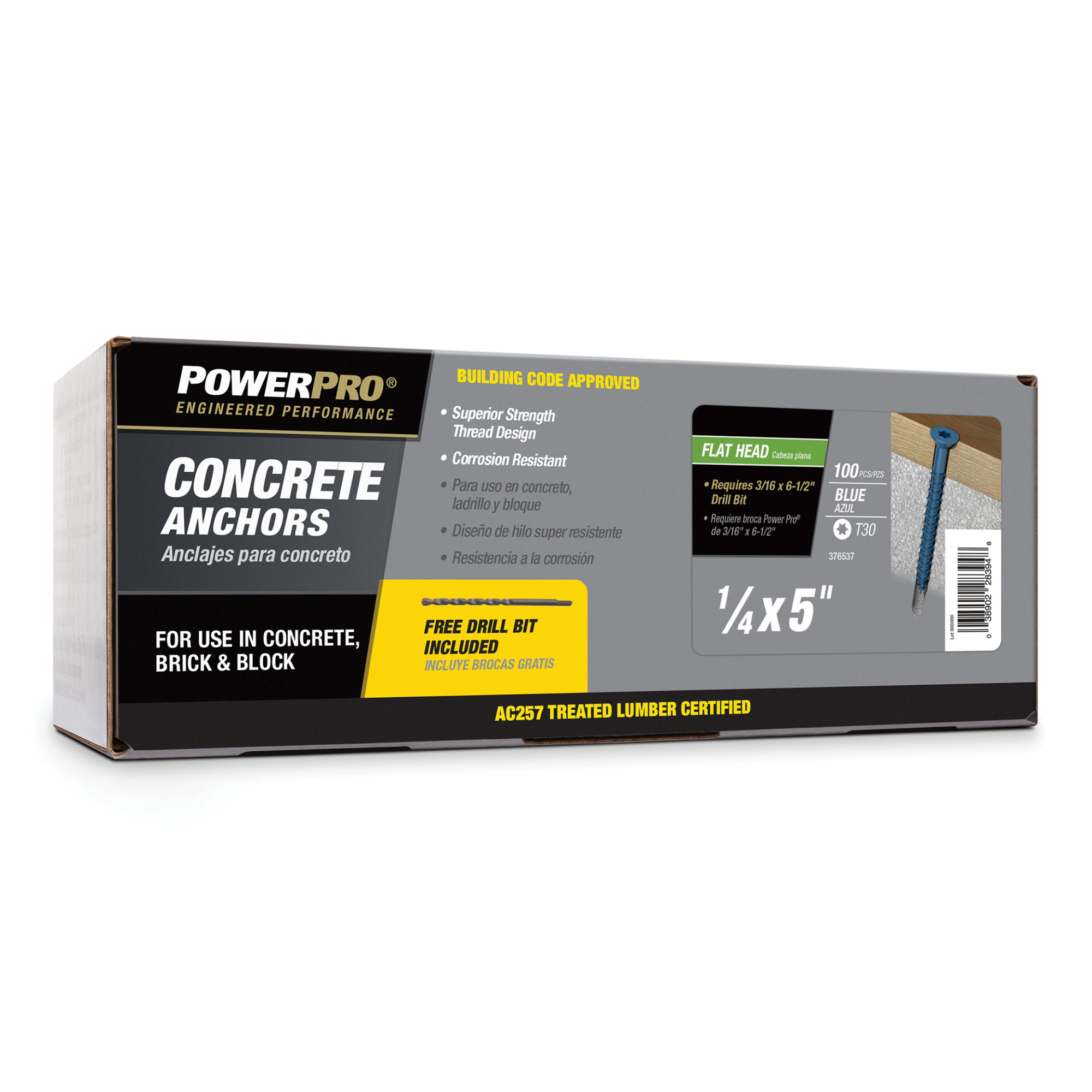 Power Pro Blue Flat-Head Concrete Screw Anchor (1/4 in. x 5 in.) - 100 pc