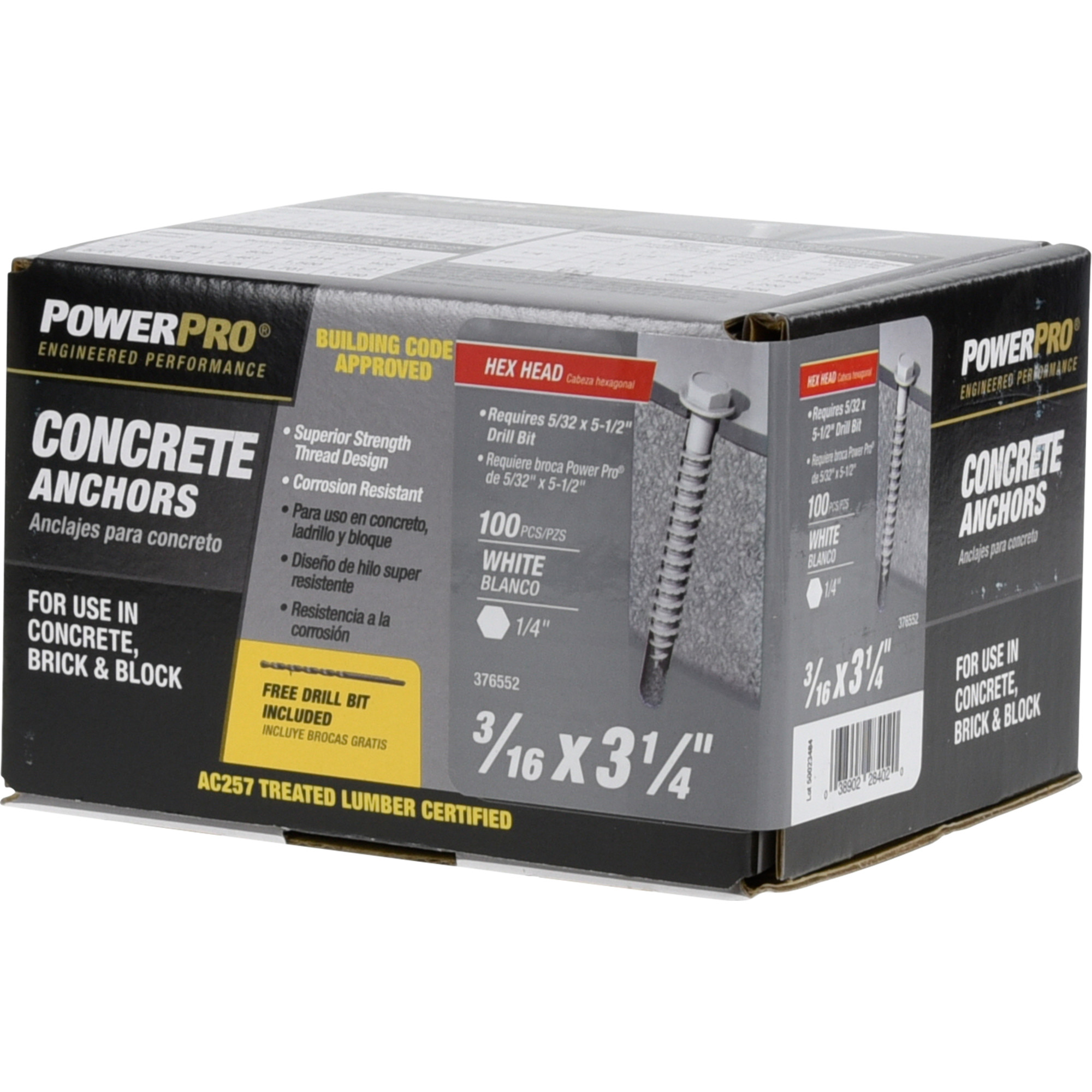 Power Pro White Hex Washer-Head Concrete Screw Anchor (3/16 in. x 3-1/4 in.) - 100 pc