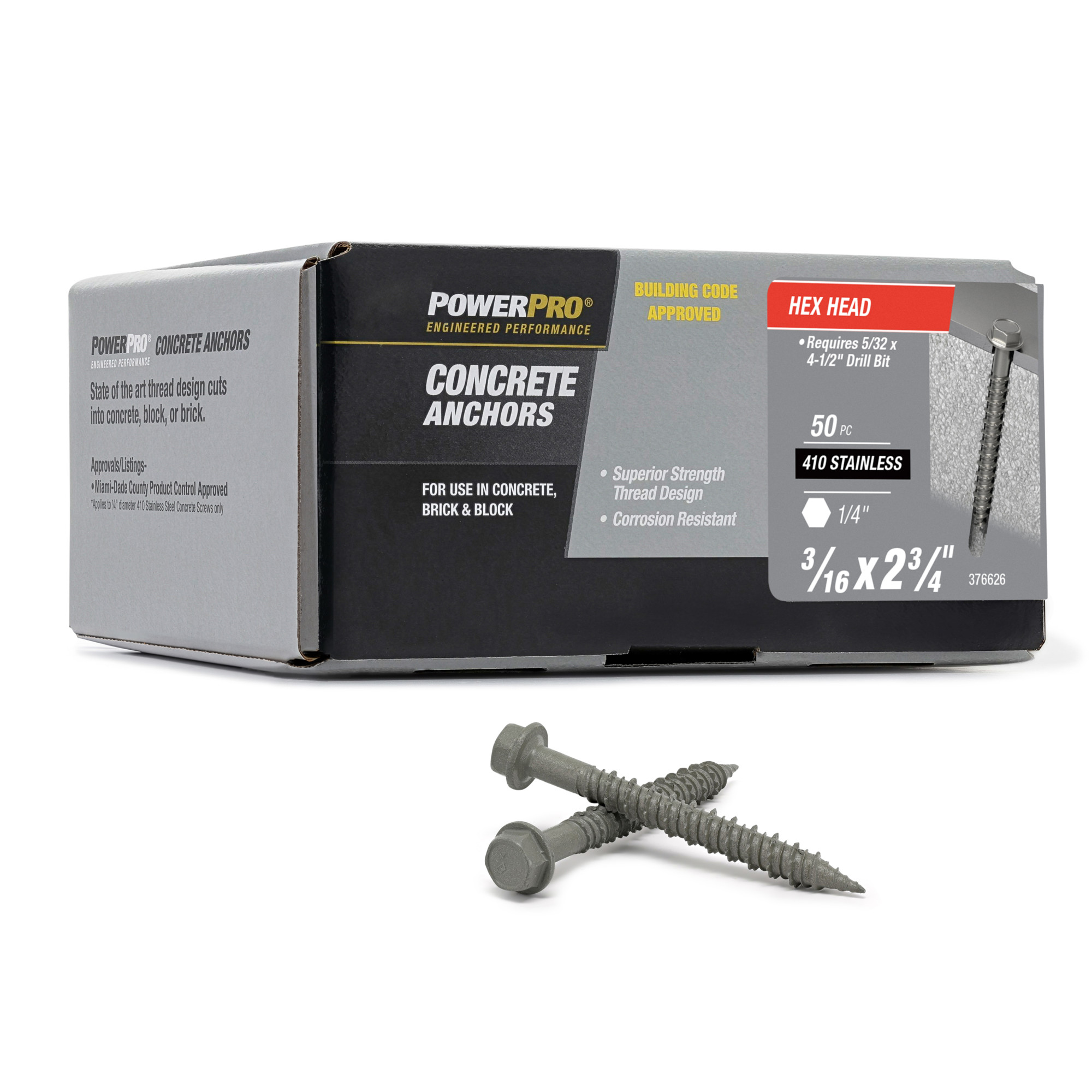 Power Pro 410 Stainless Hex Washer Concrete Screw Anchor (3/16 in. x 2-3/4 in.)100pc