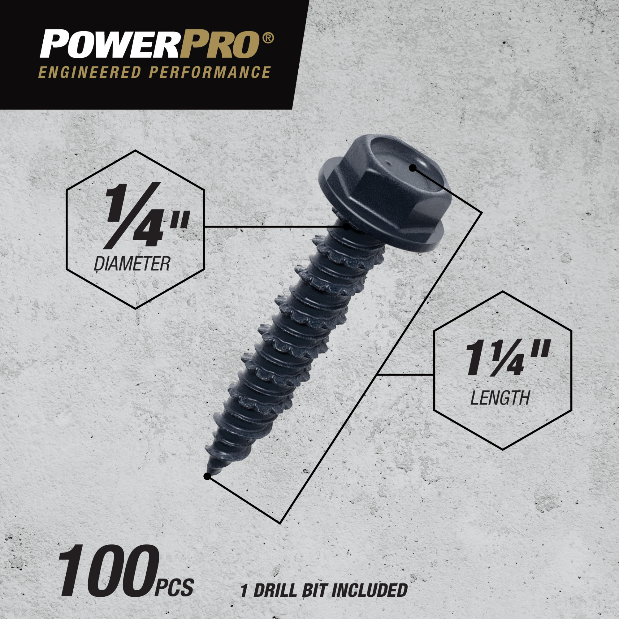 Power Pro Black Hex Washer-Head Concrete Screw Anchor (1/4 in. x 1-1/4 in.) - 100 pc