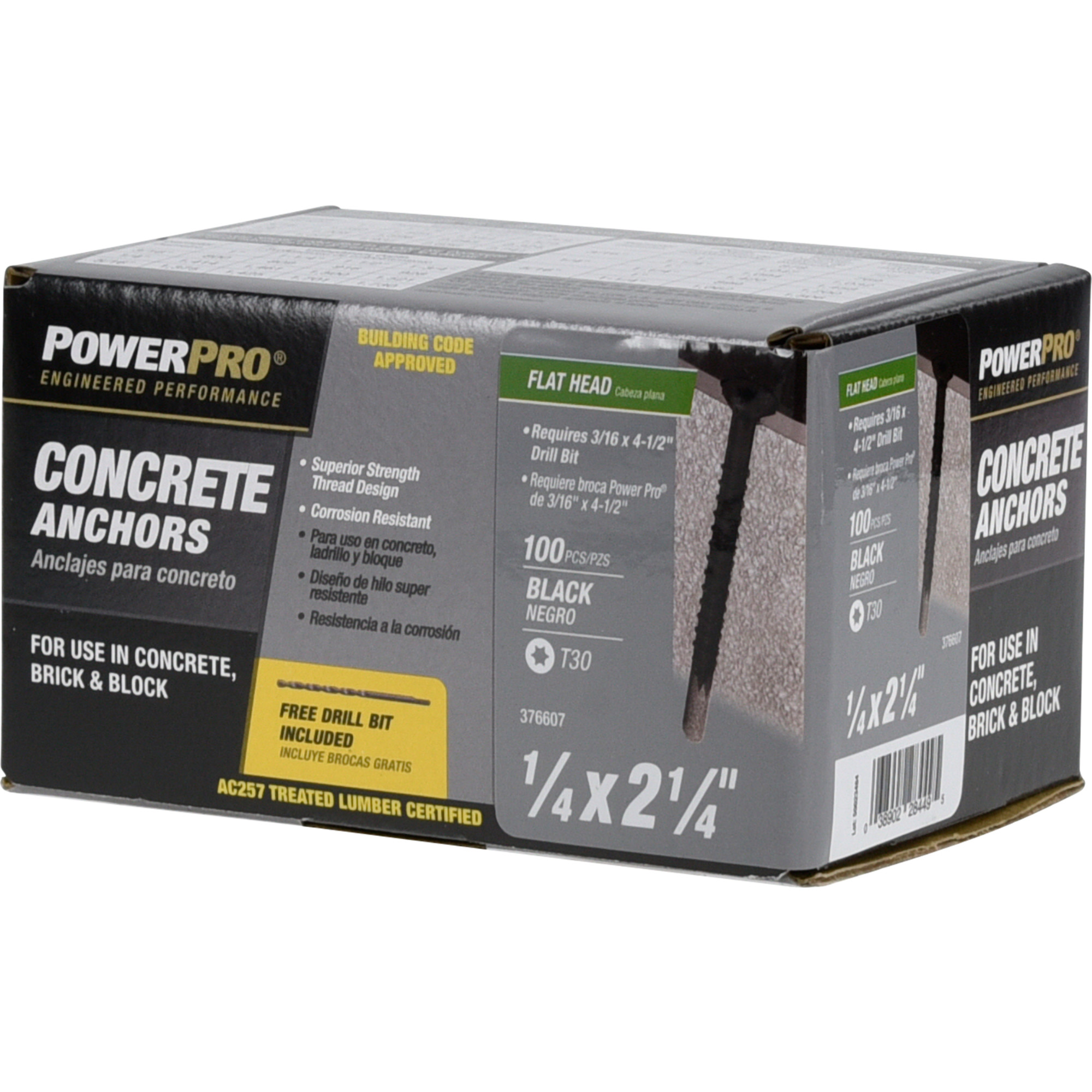 Power Pro Black Flat-Head Concrete Screw Anchor (1/4 in. x 2-1/4 in.) - 100 pc