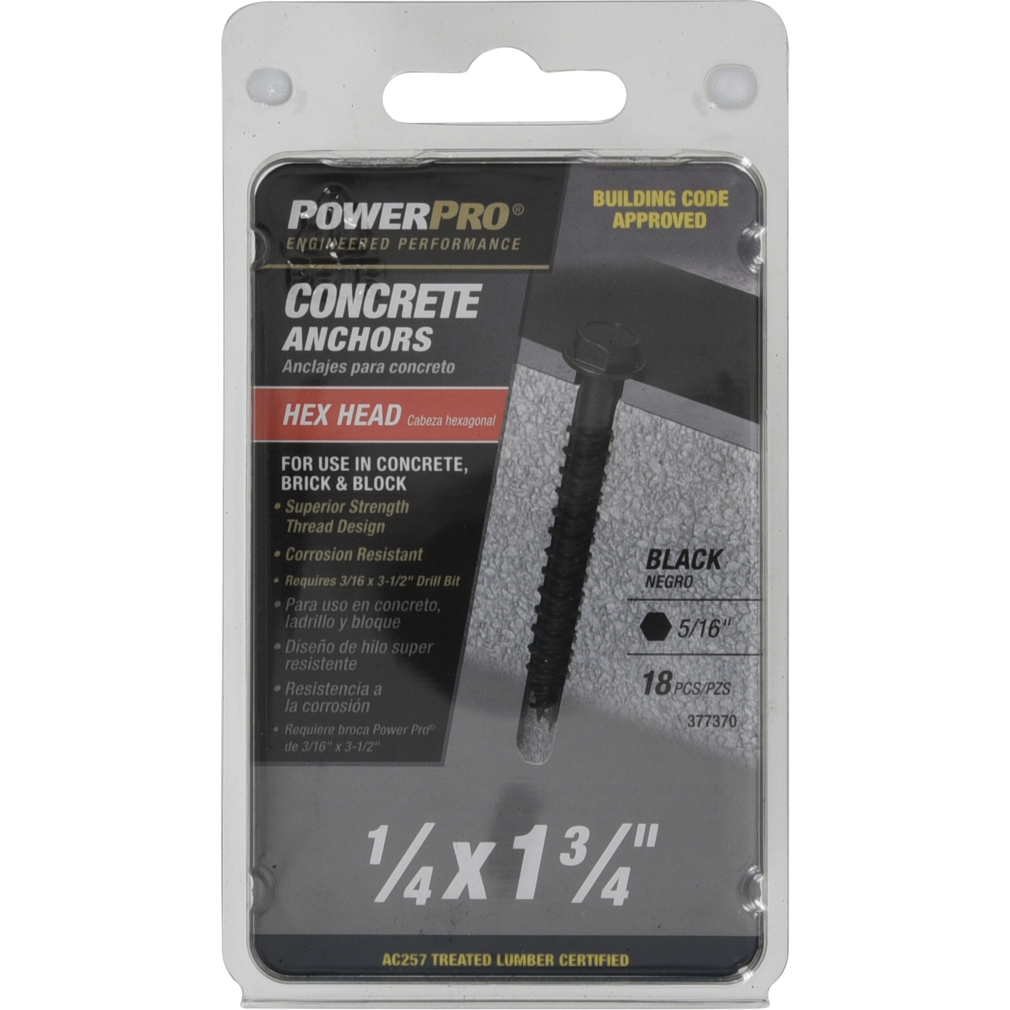 Power Pro Black Hex Washer-Head Concrete Screw Anchor (1/4 in. x 1-3/4 in.) - 18 pc