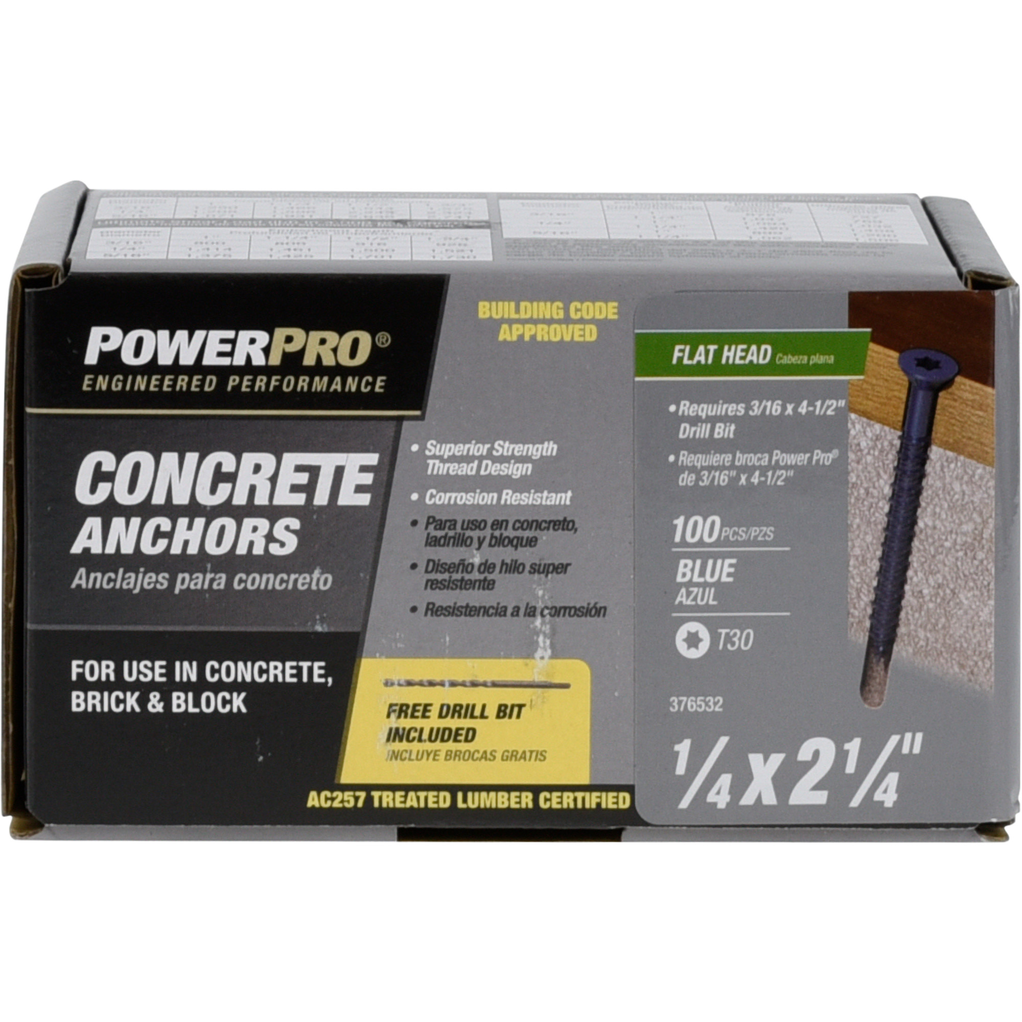 Power Pro Blue Flat-Head Concrete Screw Anchor (1/4 in. x 2-1/4 in.) - 100 pc