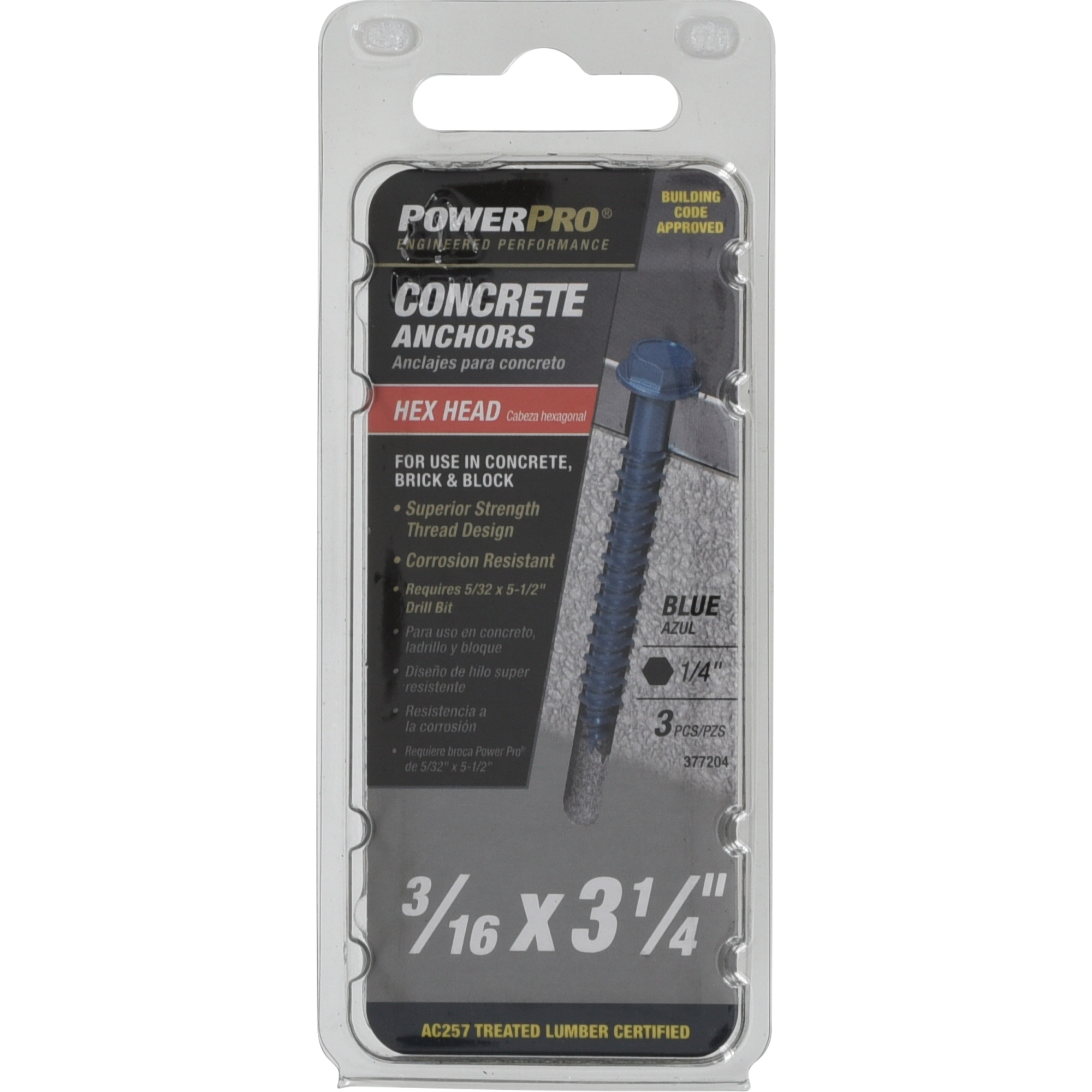 Power Pro Blue Hex Washer-Head Concrete Screw Anchor (3/16 in. x 3-1/4 in.) - 3 pc