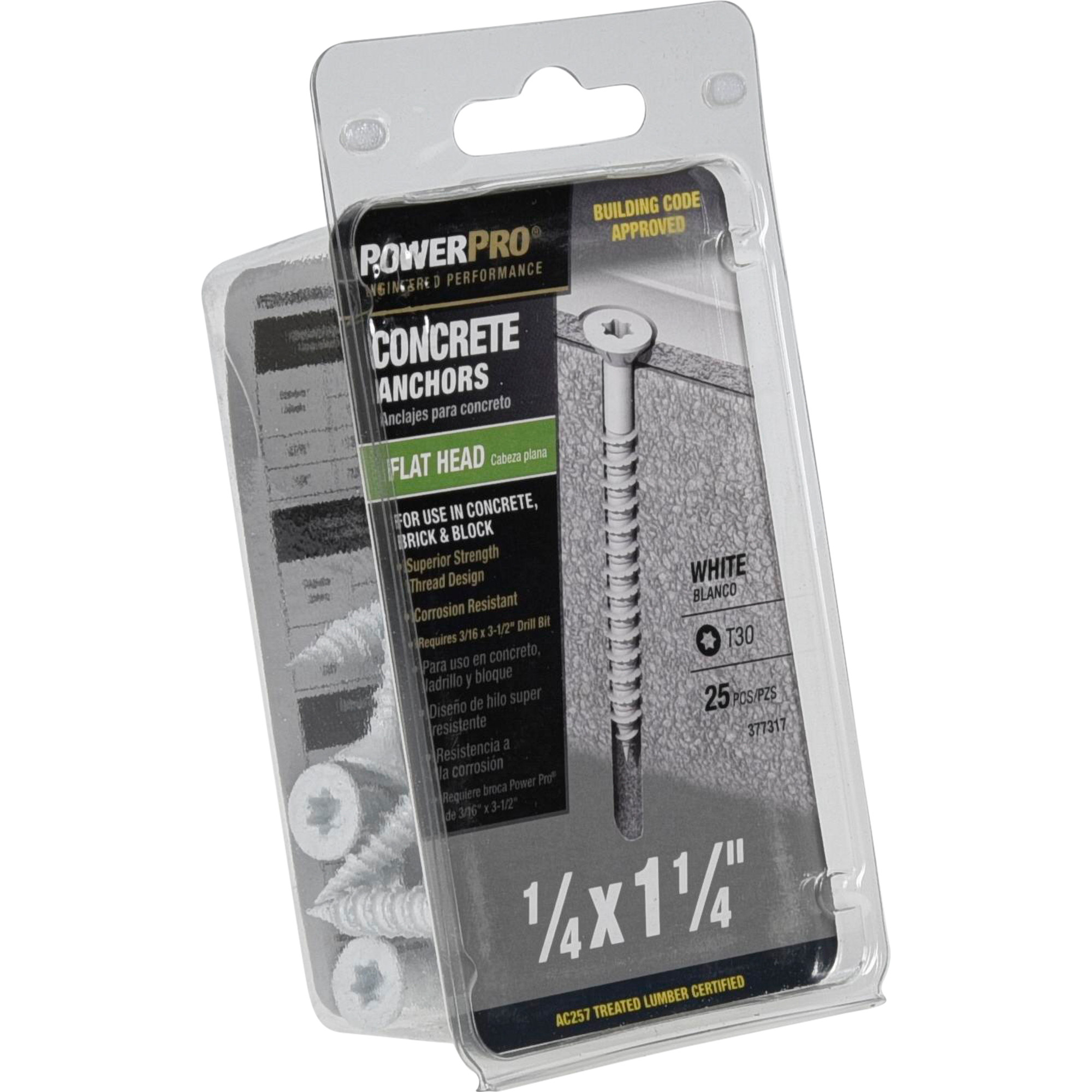 Power Pro White Flat-Head Concrete Screw Anchor (1/4 in. x 1-1/4 in.) - 25 pc