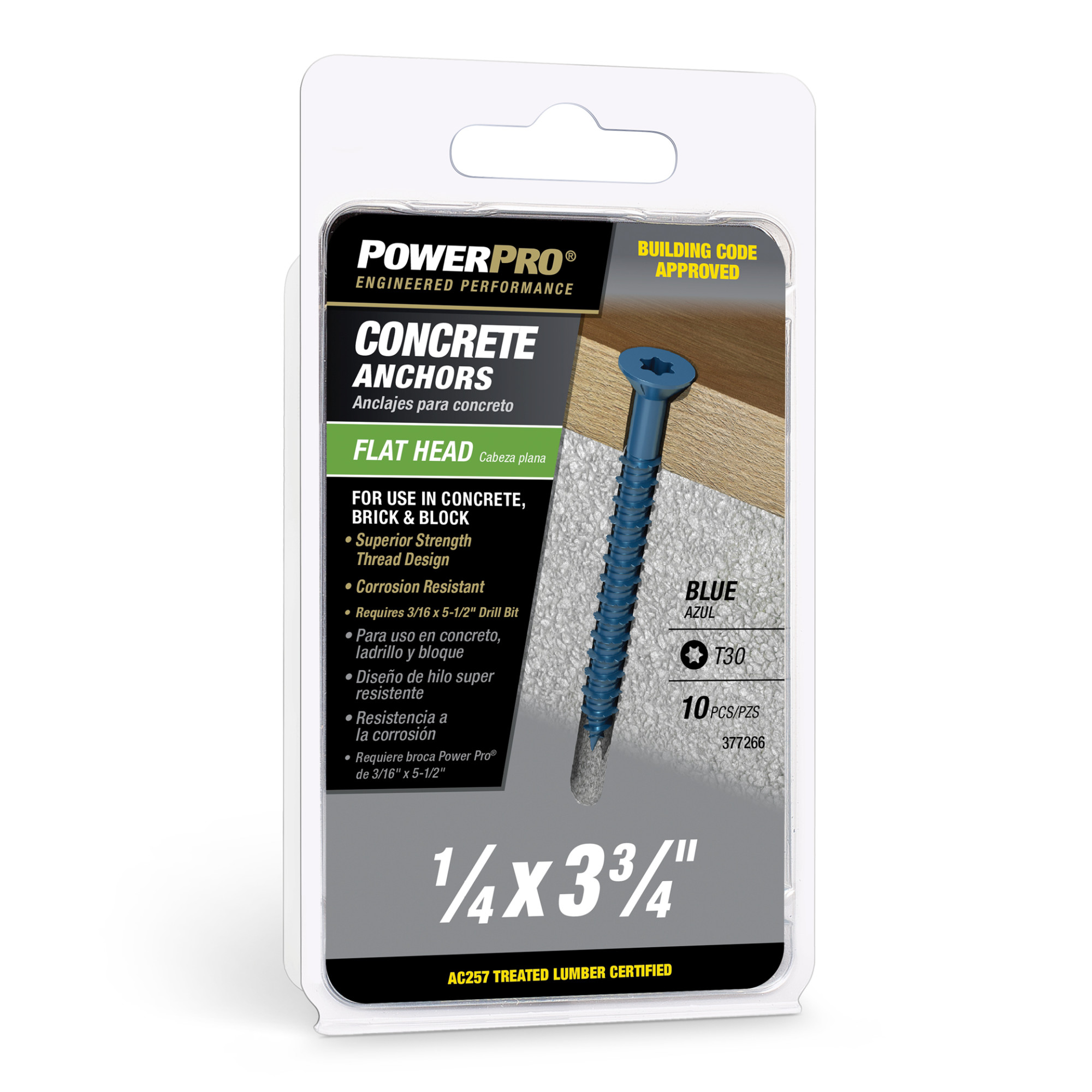 Power Pro Blue Flat-Head Concrete Screw Anchor (1/4 in. x 3-3/4 in.) - 10 pc