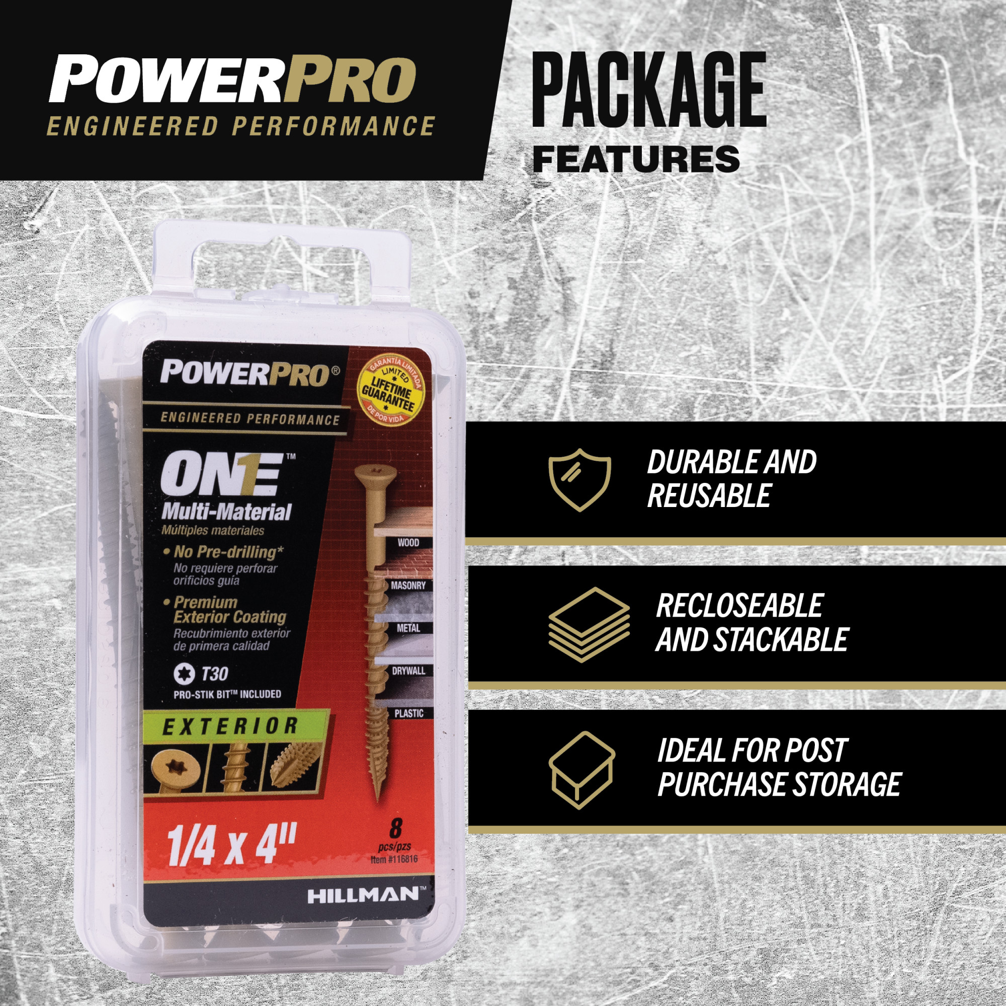 Power Pro ONE Flat Exterior Bronze Multi-Material Screws (1/4 in. x 4 in.) - 8pc