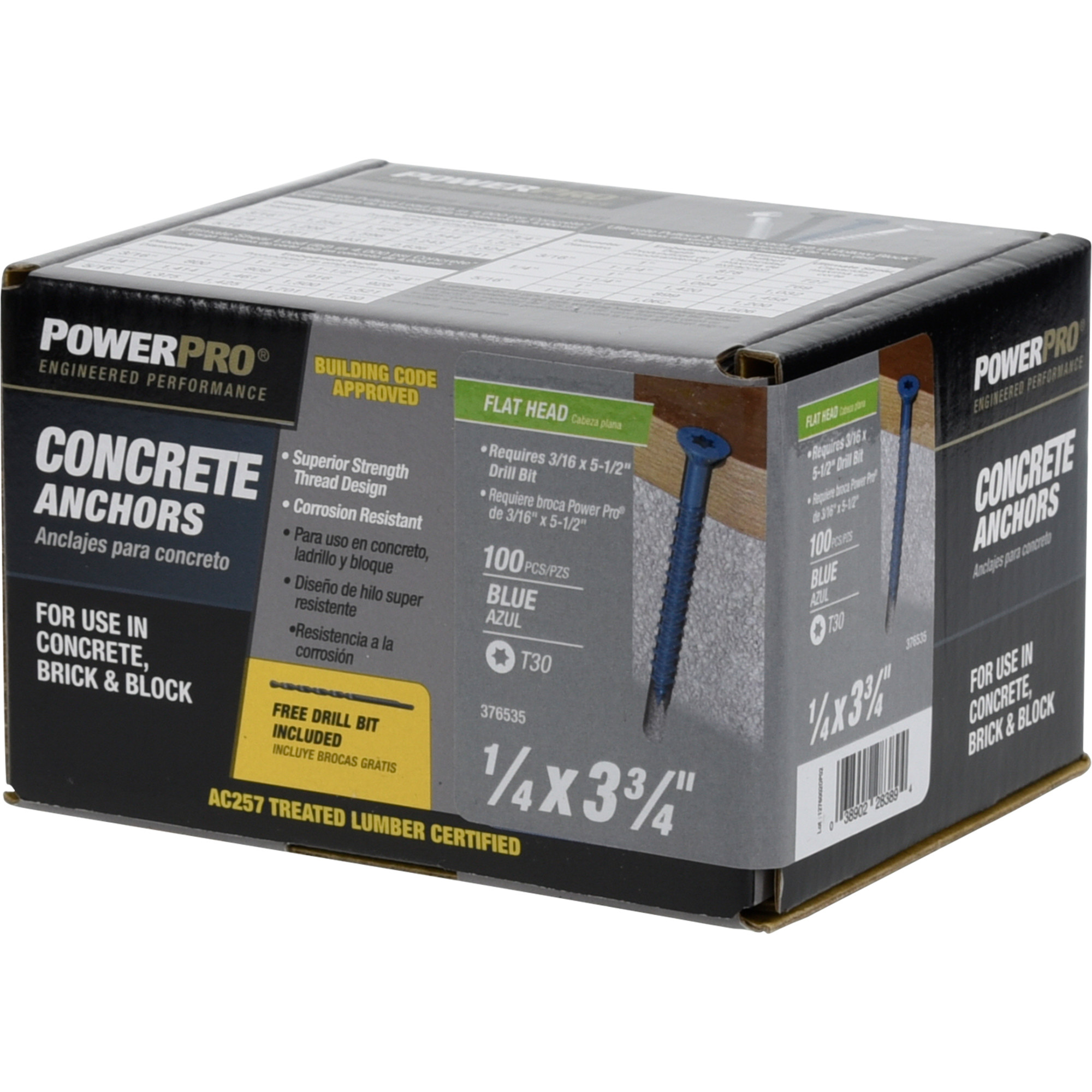 Power Pro Blue Flat-Head Concrete Screw Anchor (1/4 in. x 3-3/4 in.) - 100 pc