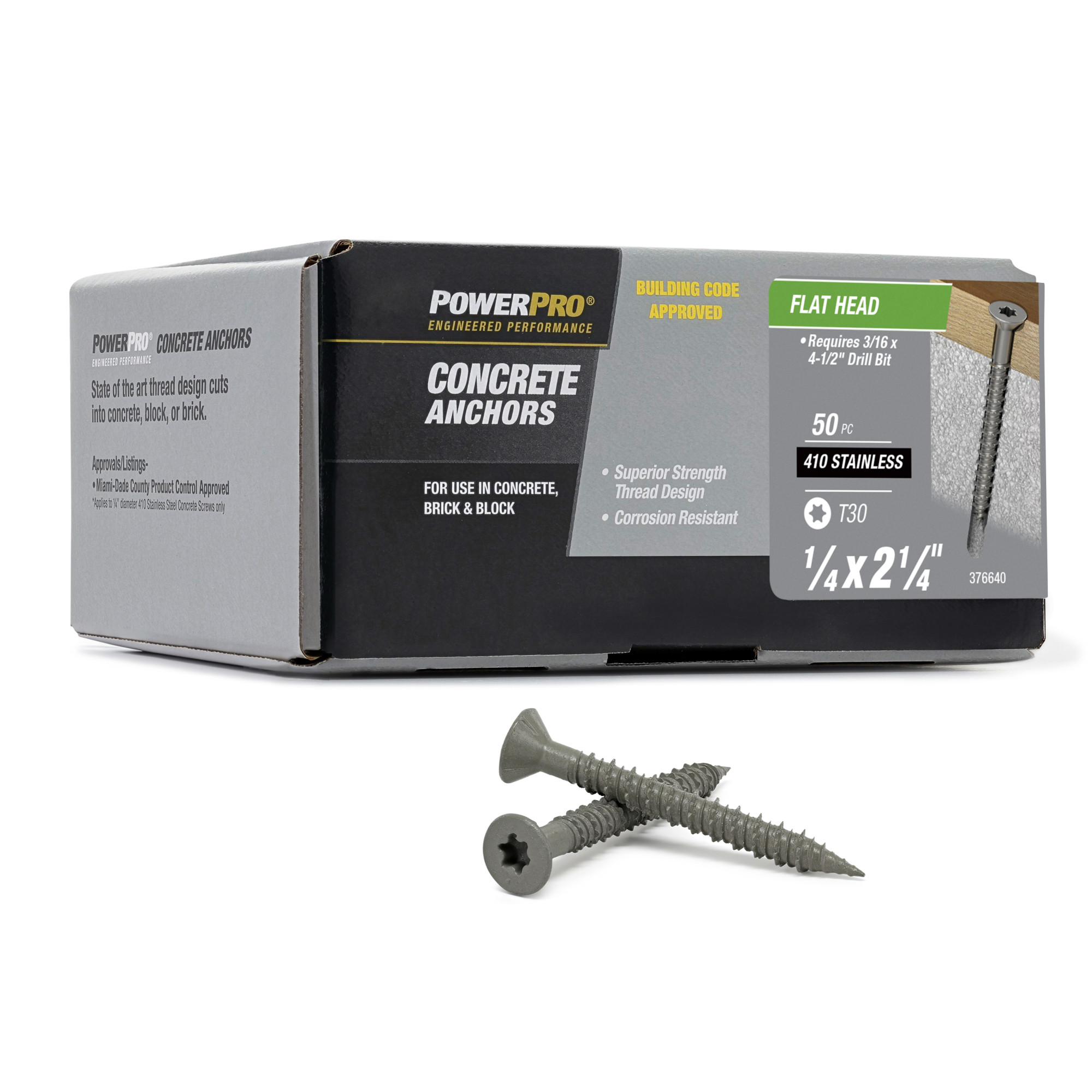 Power Pro 410 Stainless Flat Concrete Screw Anchor (1/4 in. x 2-1/4 in.) 100 pc