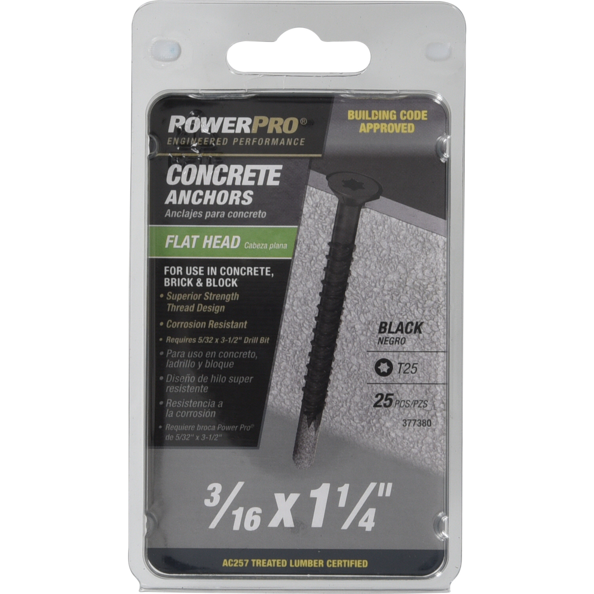 Power Pro Black Flat-Head Concrete Screw Anchor (3/16 in. x 1-1/4 in.) - 25 pc