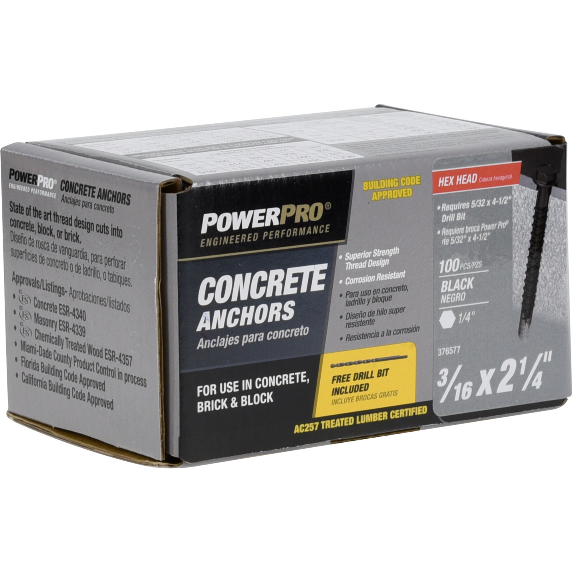 Power Pro Black Hex Washer-Head Concrete Screw Anchor (3/16 in. x 2-1/4 in.) - 100 pc