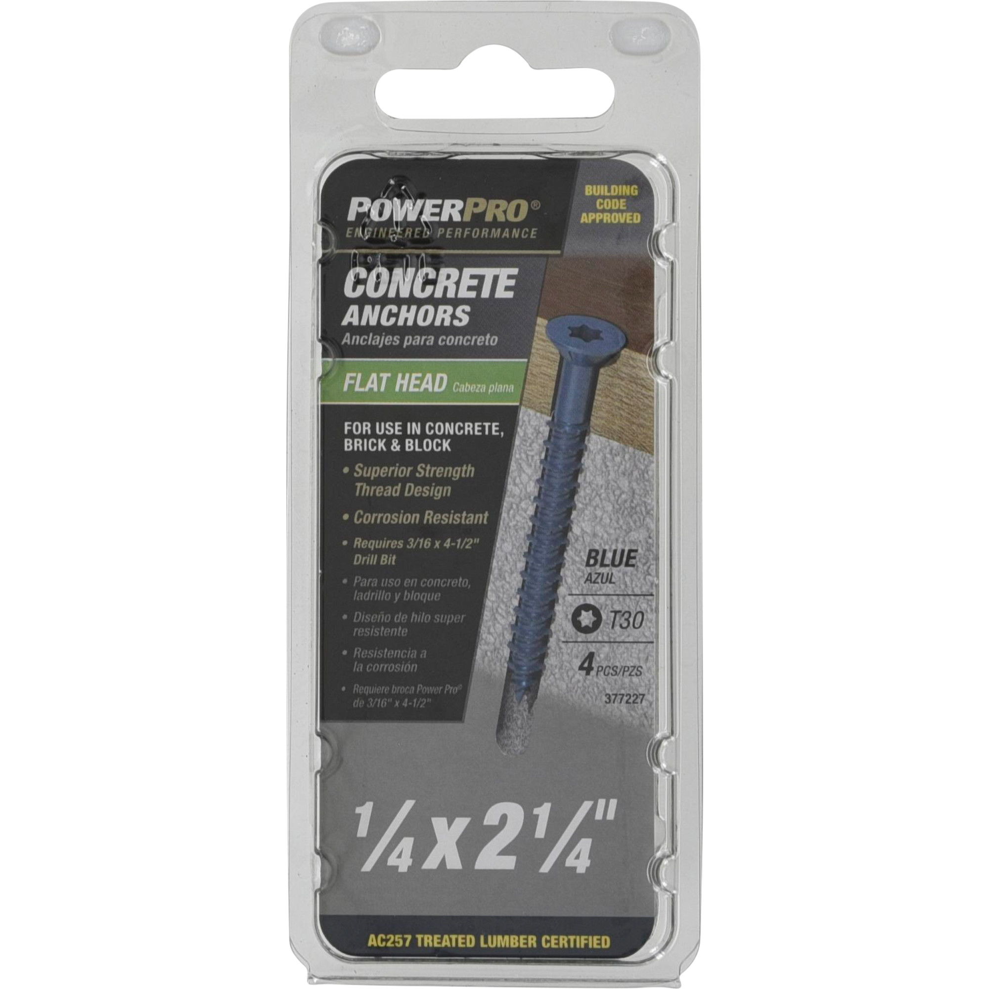 Power Pro Blue Flat-Head Concrete Screw Anchor (1/4 in. x 2-1/4 in.) - 4 pc
