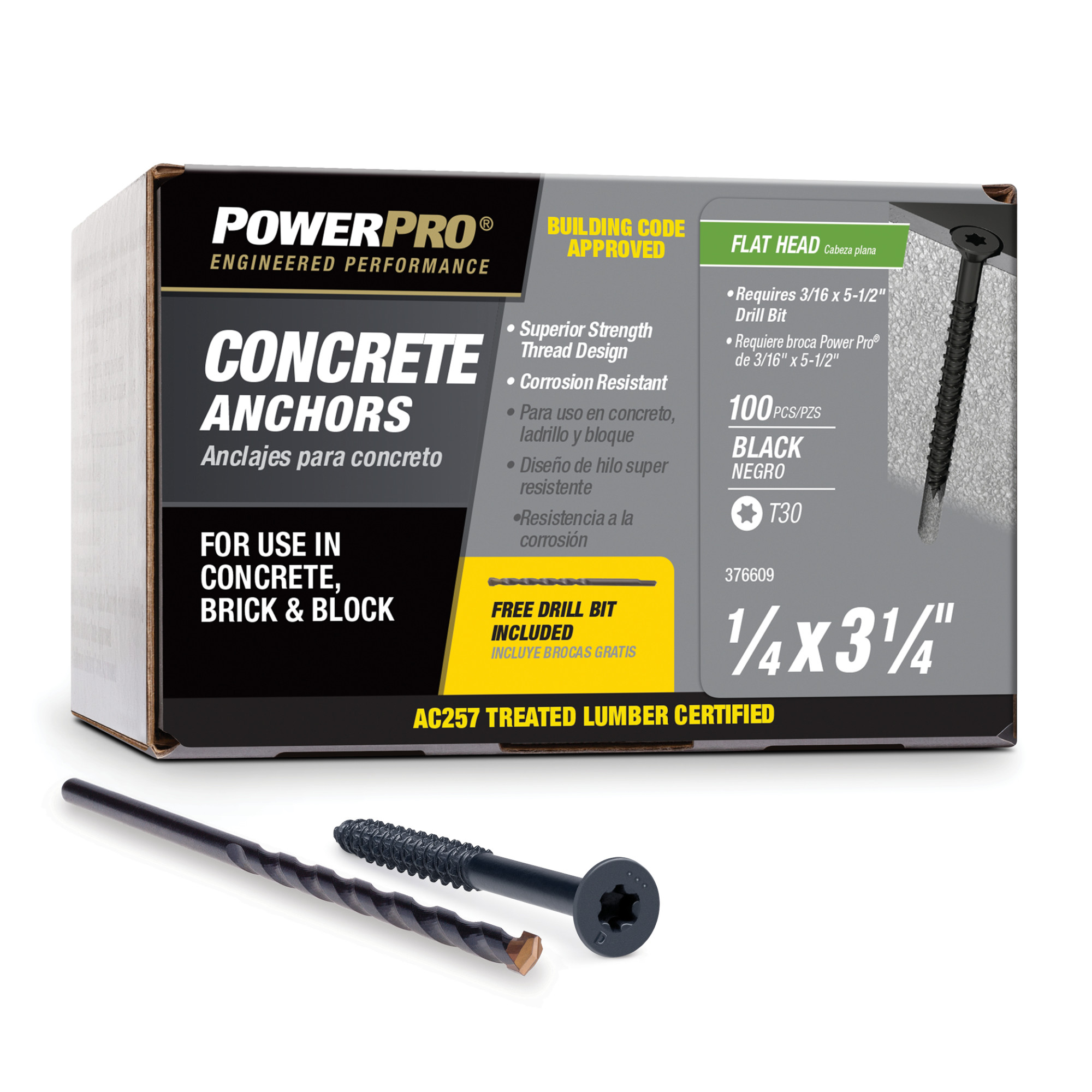 Power Pro Black Flat-Head Concrete Screw Anchor (1/4 in. x 3-1/4 in.) - 100 pc