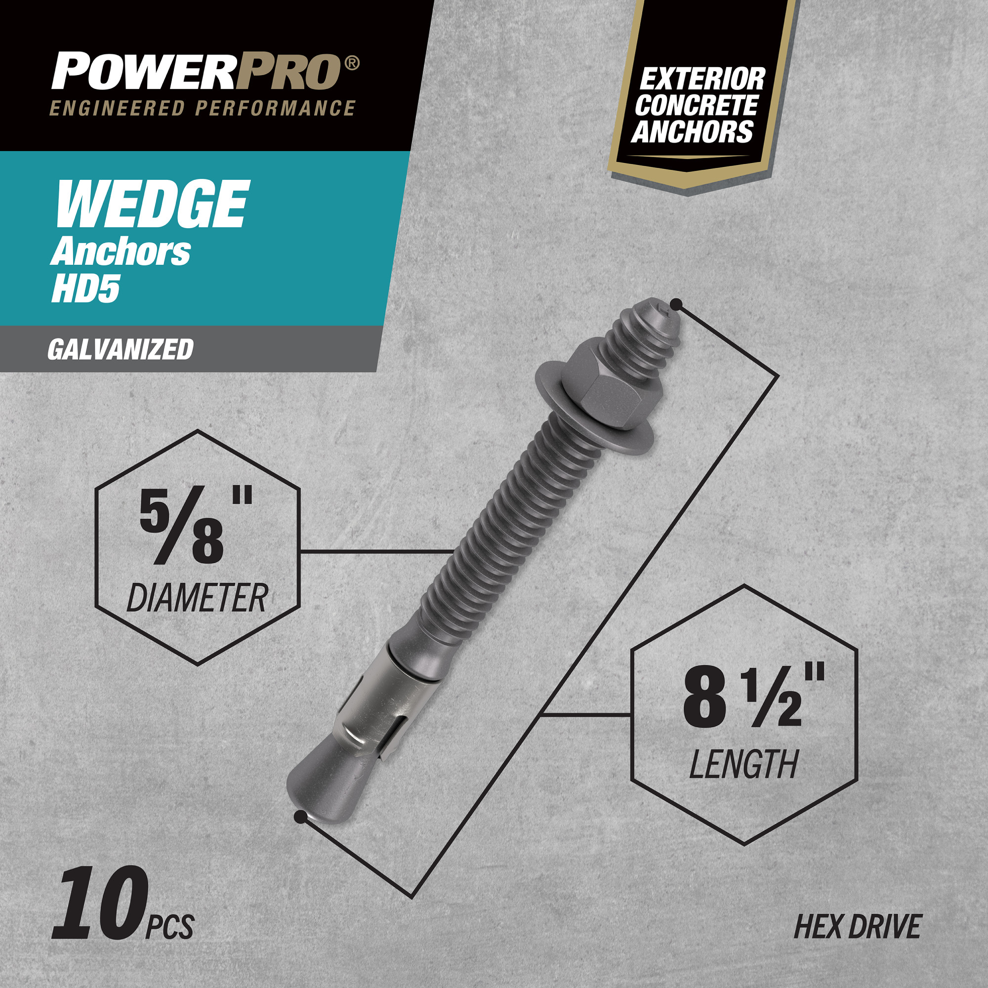 Power Pro HD5 Hot Dipped Galvanized Wedge Anchors (5/8 in. x 8-1/2 in.) - 10 pc