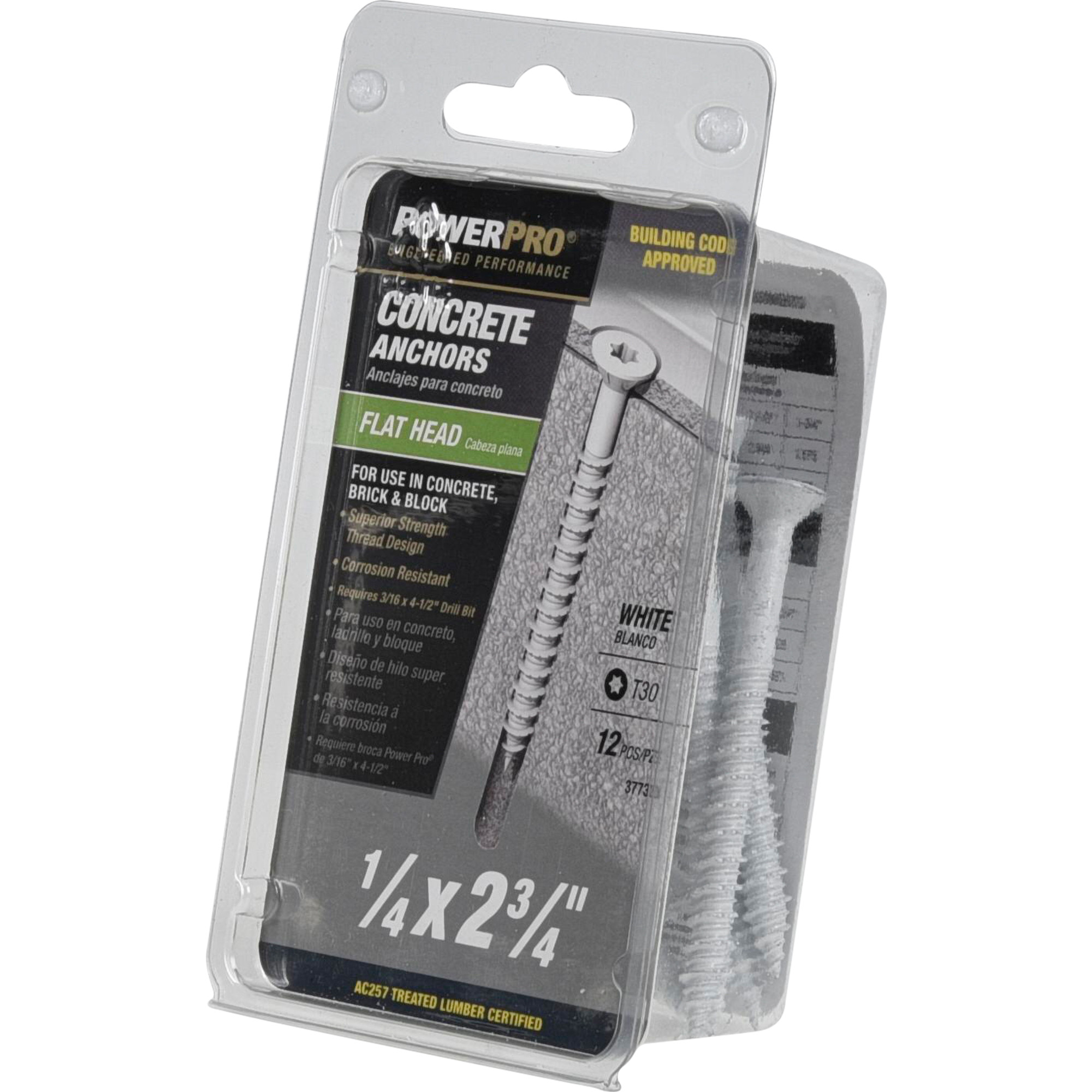 Power Pro White Flat-Head Concrete Screw Anchor (1/4 in. x 2-3/4 in.) - 12 pc