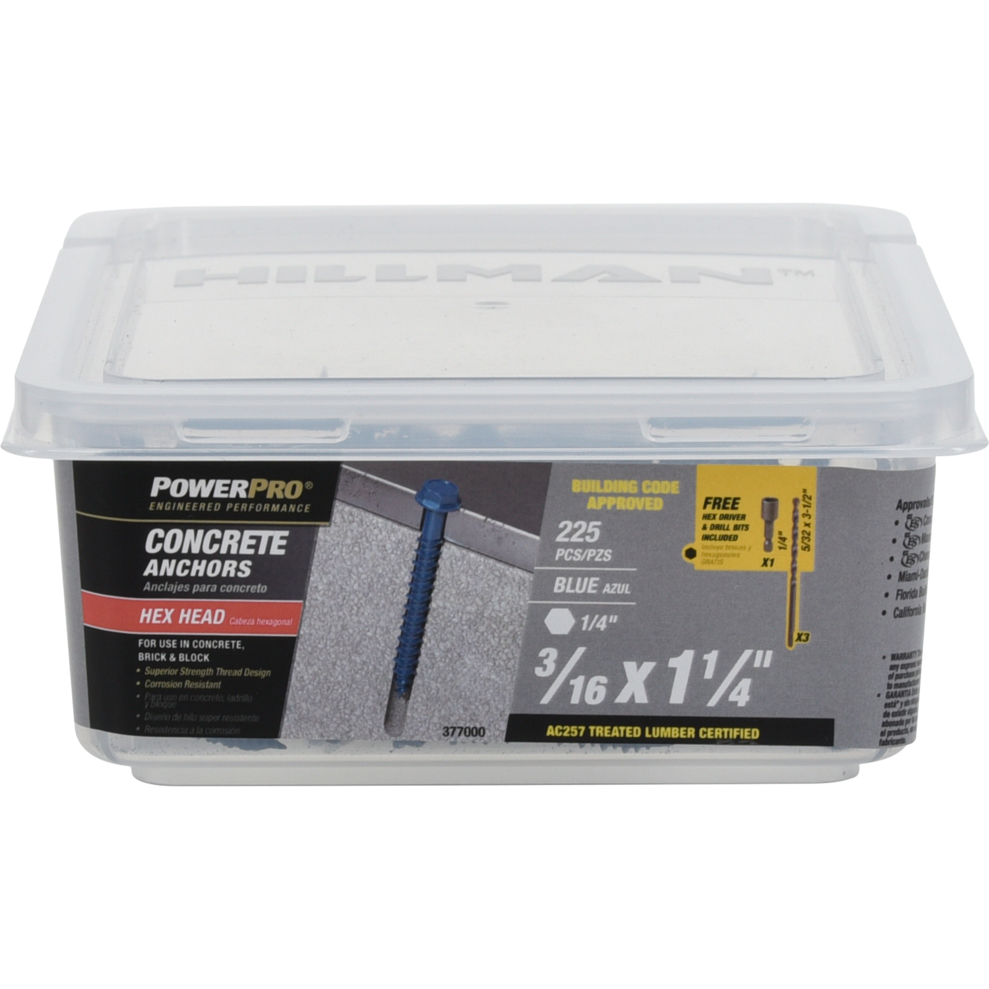 Power Pro Blue Hex Washer-Head Concrete Screw Anchor (3/16 in. x 1-1/4 in.) - 225 pc