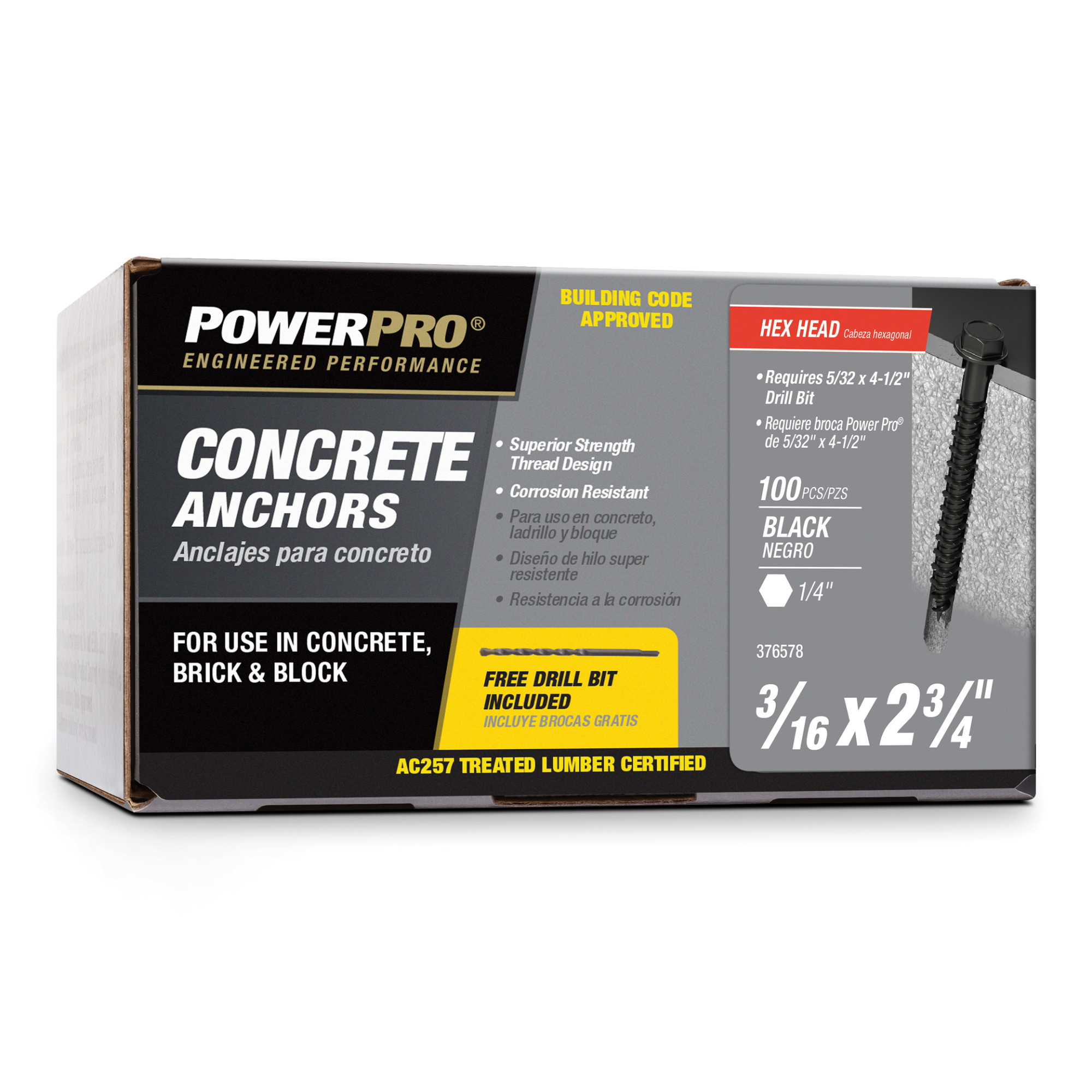 Power Pro Black Hex Washer-Head Concrete Screw Anchor (3/16 in. x 2-3/4 in.) - 100 pc