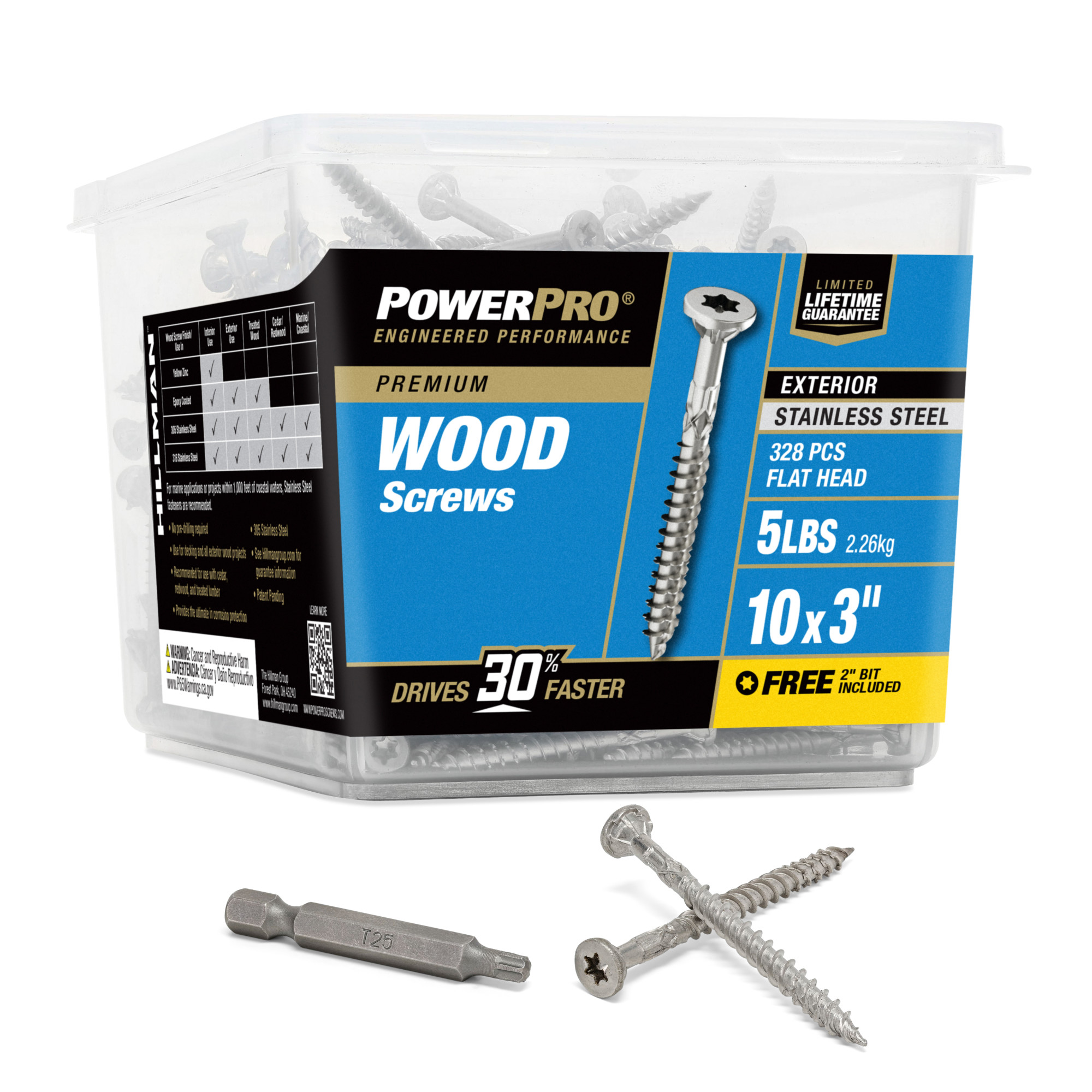 Power Pro Premium 305 Stainless Steel Wood Screws (#10 x 3 in.) - 328 pc