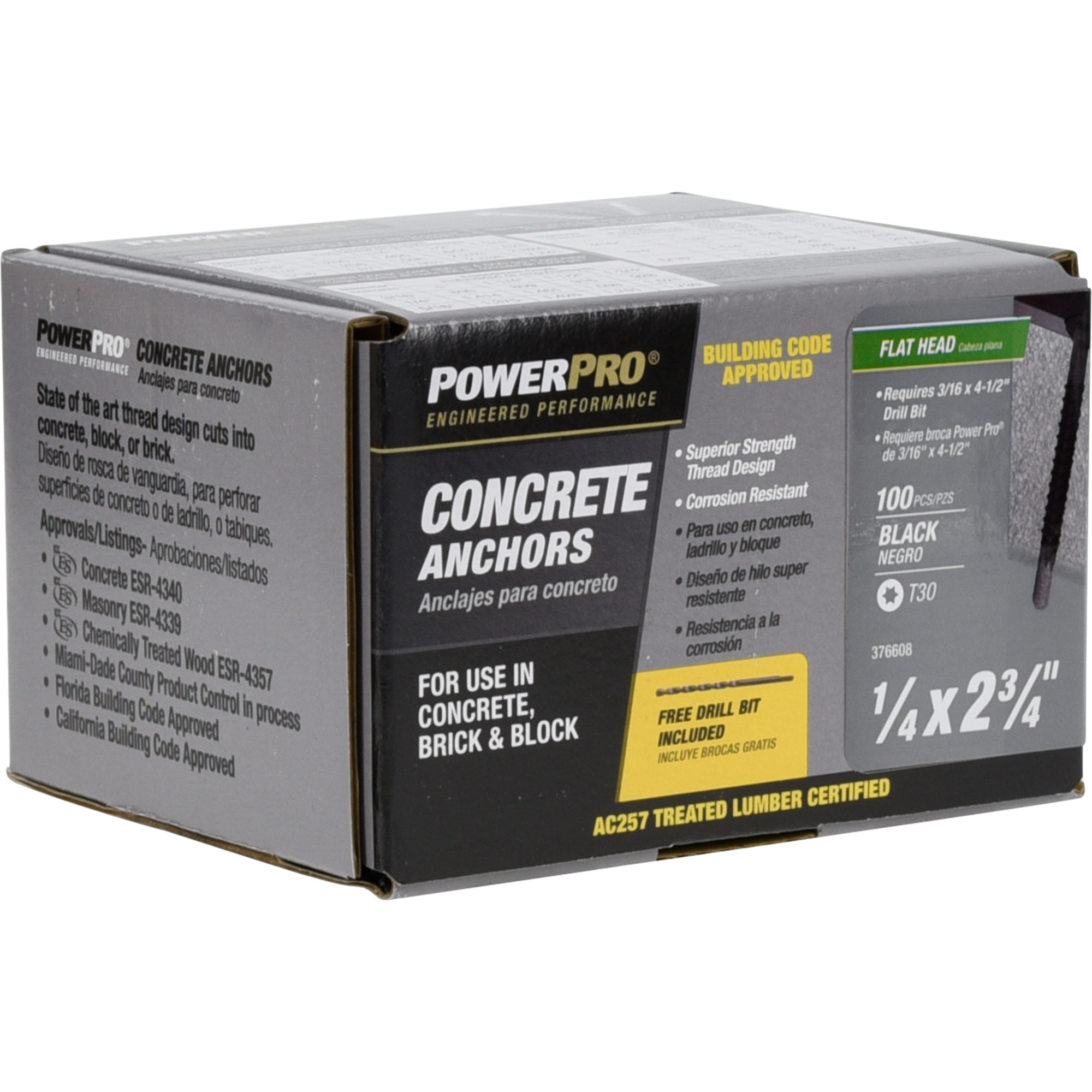 Power Pro Black Flat-Head Concrete Screw Anchor (1/4 in. x 2-3/4 in.) - 100 pc