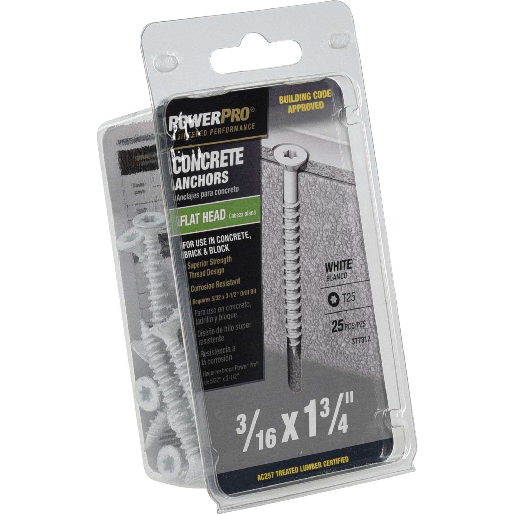 Power Pro White Flat-Head Concrete Screw Anchor (3/16 in. x 1-3/4 in.) - 25 pc