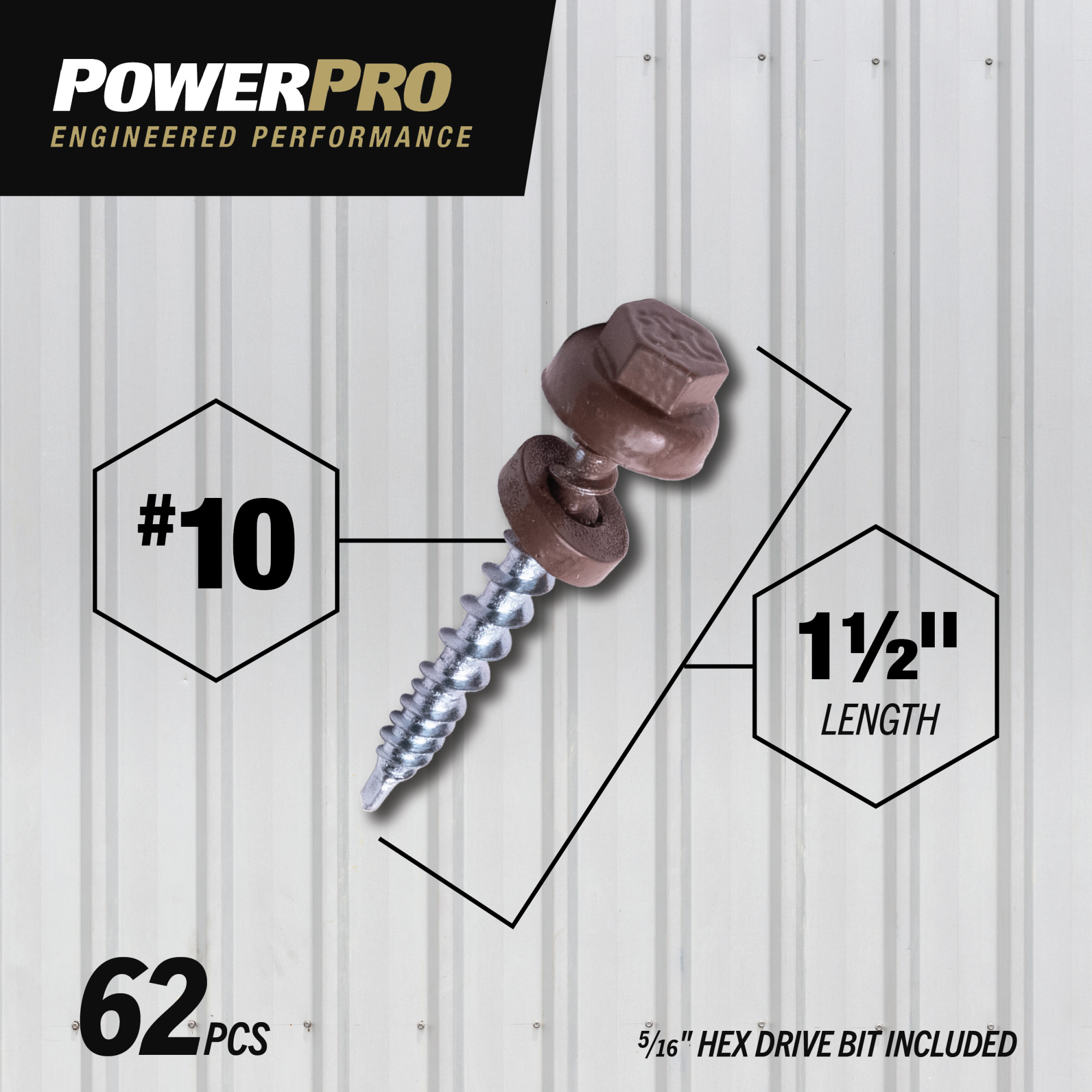 Power Pro Brown Self Drilling Metal-to-Wood Roofing Screws (#10 x 1-1/2 in.)-62 pc