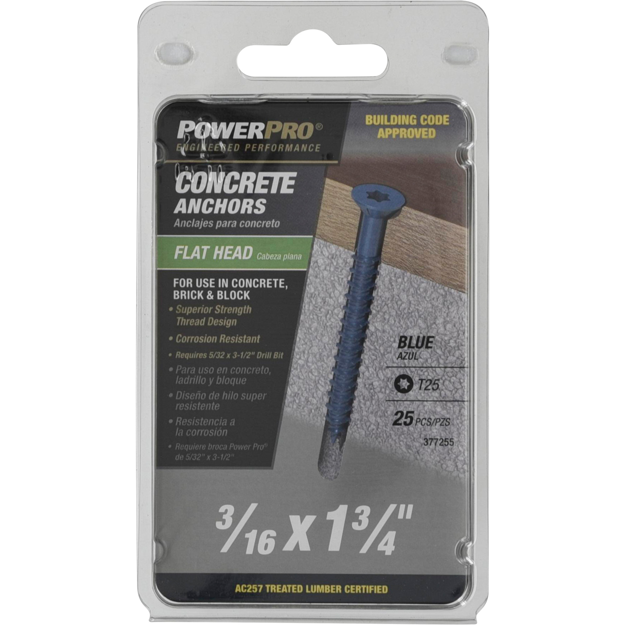 Power Pro Blue Flat-Head Concrete Screw Anchor (3/16 in. x 1-3/4 in.) - 25 pc