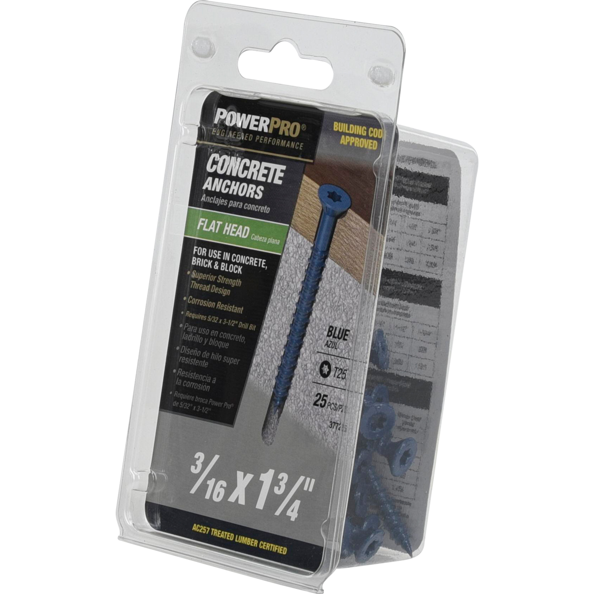 Power Pro Blue Flat-Head Concrete Screw Anchor (3/16 in. x 1-3/4 in.) - 25 pc